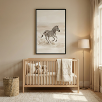 A serene, minimalist nursery in neutral tones features a light wood crib with vertical slats positioned against a beige wall. Inside the crib are soft plush animal toys and a folded cream-colored blanket hanging over the side. Centered above is a large black-framed art piece showing a zebra galloping through a hazy, neutral landscape. To the left is a cylindrical woven wicker basket, and to the right stands a slim floor lamp with a light-colored shade next to long cream curtains.