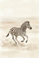 Watercolor artwork of a zebra running across a dusty savanna landscape, rendered in soft neutral tones with gentle motion detail.
