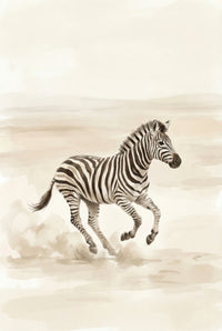 Watercolor artwork of a zebra running across a dusty savanna landscape, rendered in soft neutral tones with gentle motion detail.
