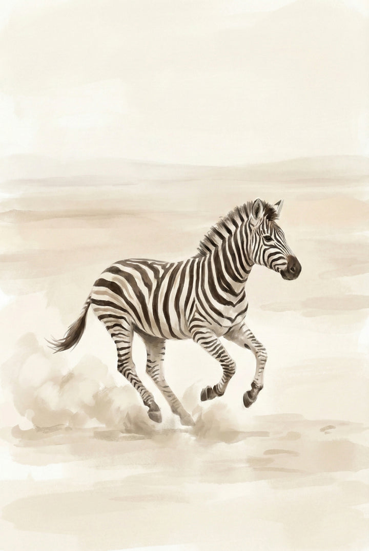 Watercolor artwork of a zebra running across a dusty savanna landscape, rendered in soft neutral tones with gentle motion detail.
