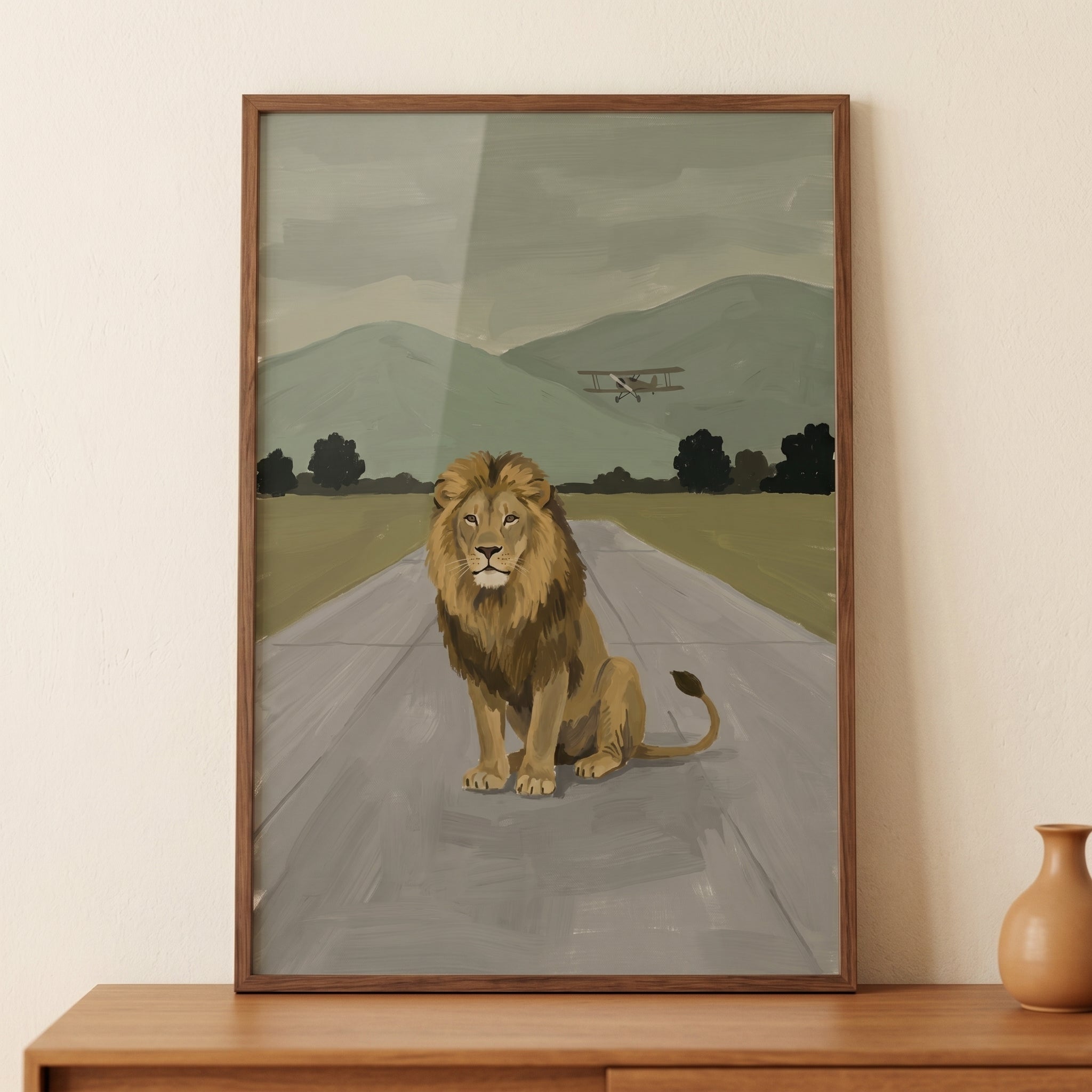 Runway Biplane Sitting Lion Wall Art - Majestic Runway Guard