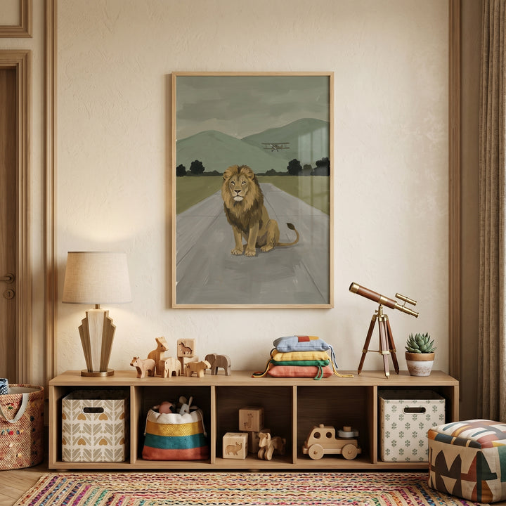 runway biplane sitting lion wall art above a shelf with wooden toys, a lamp, and a telescope in a child's room.