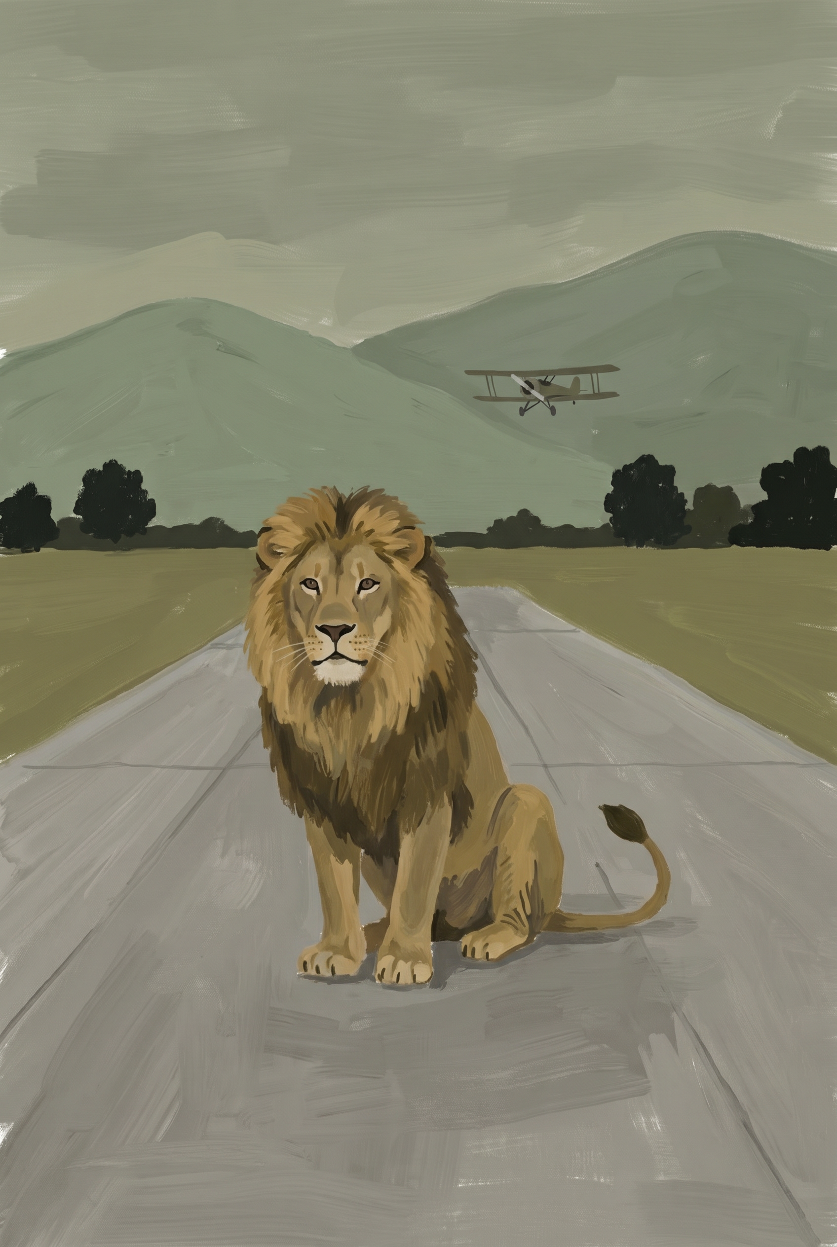 Runway Biplane Sitting Lion Wall Art - Majestic Runway Guard