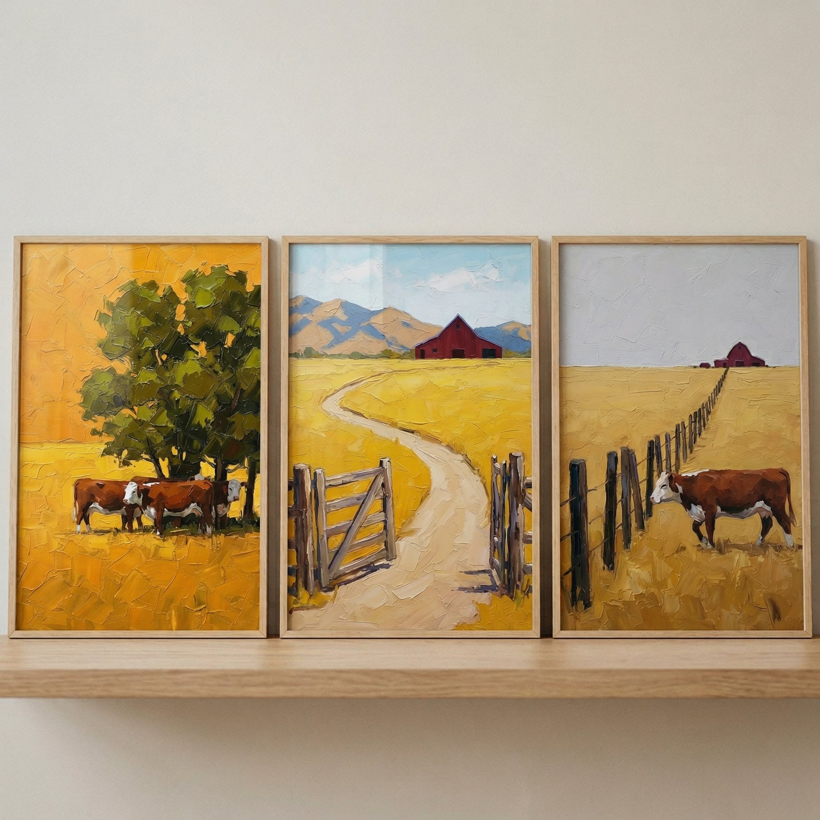 A set of three vertical framed art pieces sits side-by-side on a light-colored wooden shelf, depicting a serene rural landscape. The art is created with a heavy impasto style, showcasing thick, textured application and visible brushstrokes that give the scenes a three-dimensional quality. The primary color palette consists of warm ochre, golden yellow, and earthy brown, contrasted with pops of forest green, barn red, and soft sky blue.
