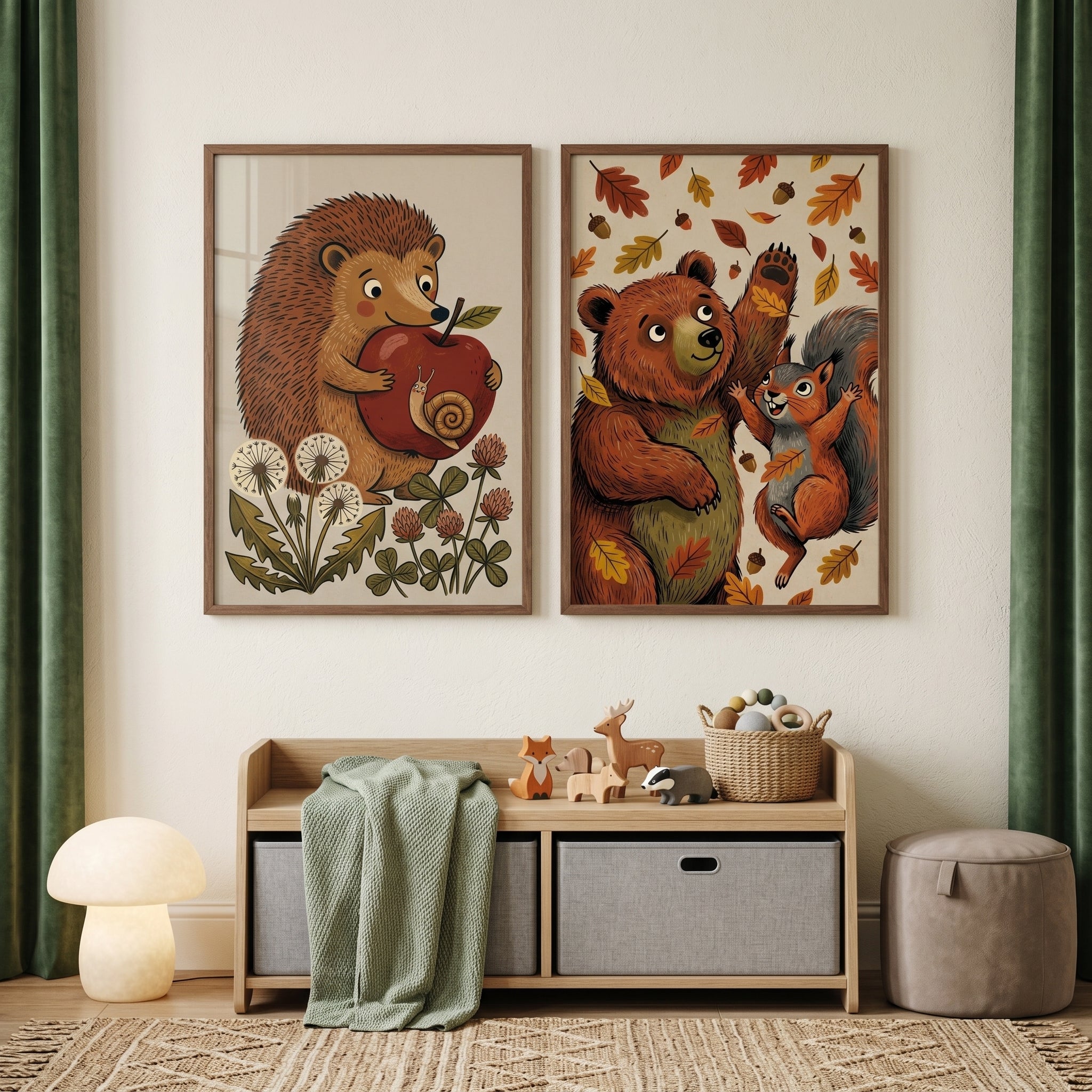 Rust Orange Woodland Animals Wall Art Set Of 2 - Cozy Woodland Friends