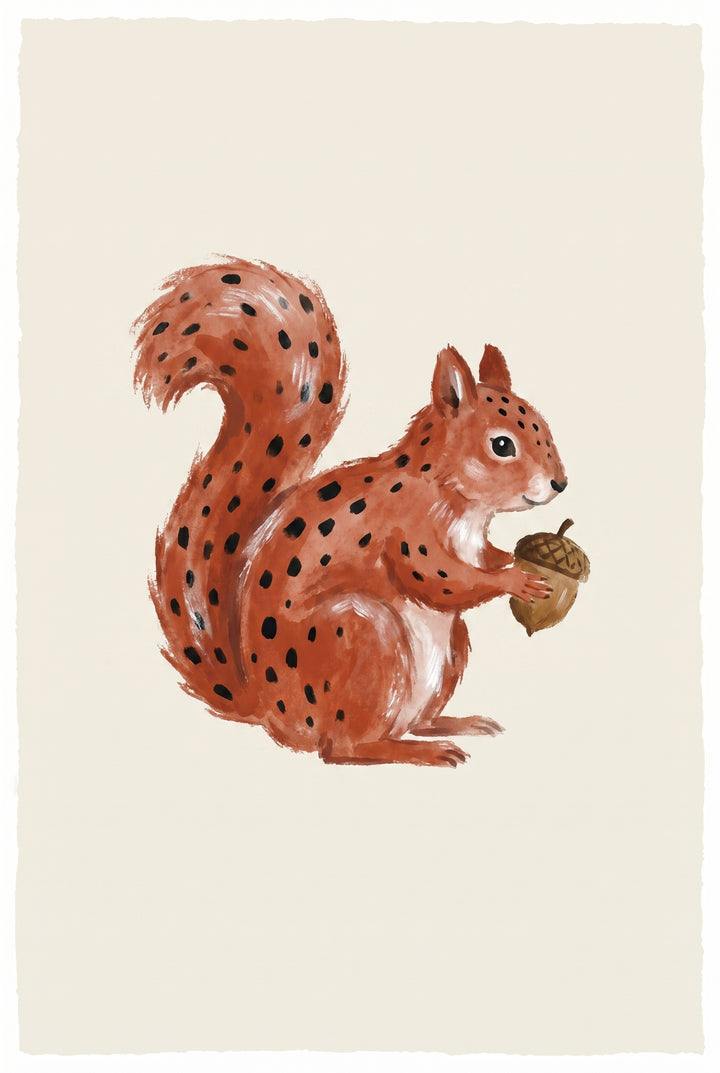 Rust spotted acorn squirrel wall art with a reddish-brown squirrel covered in black spots holding an acorn.