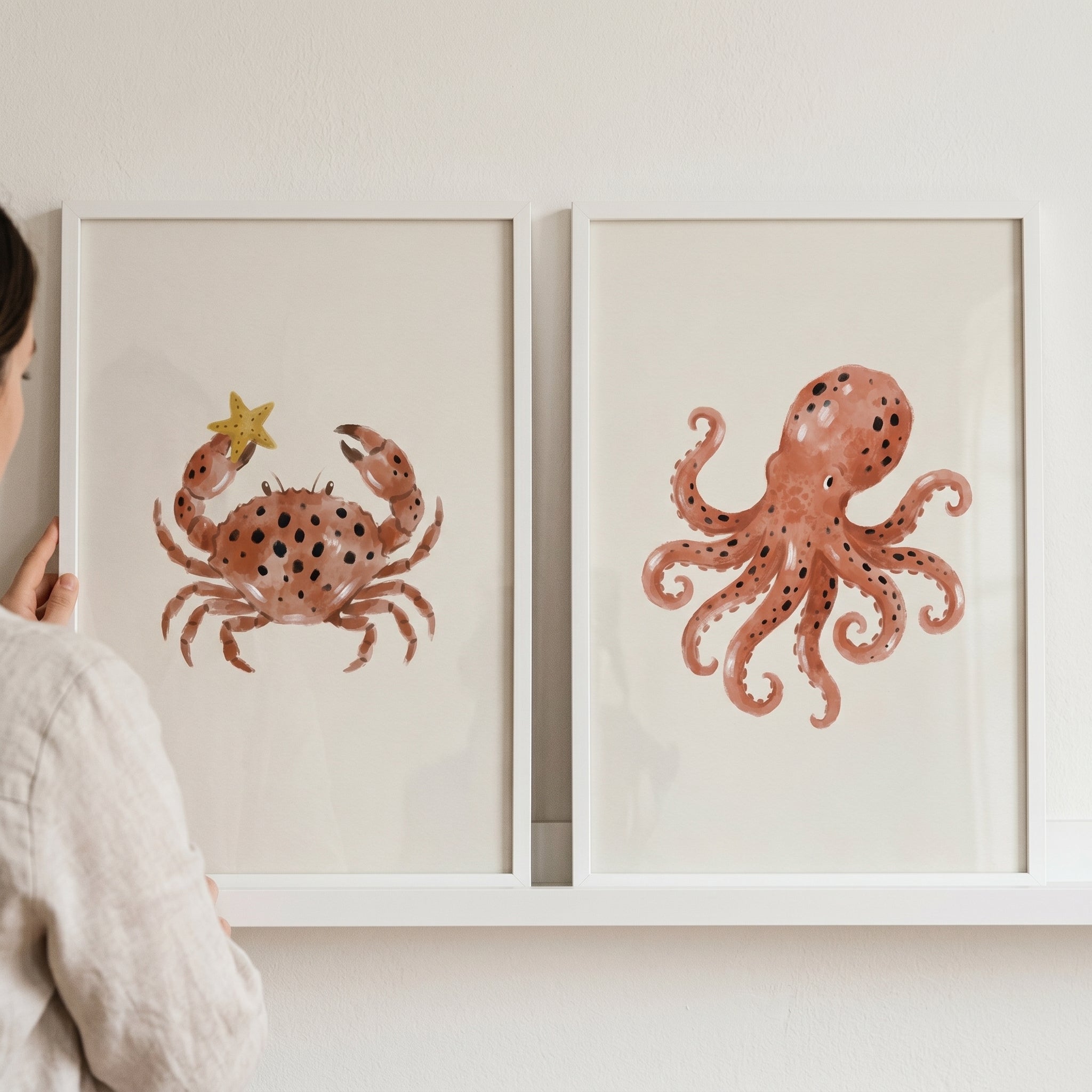 Rust Watercolor Sea Animals Wall Art Set of 2 - Ocean Creature Duo