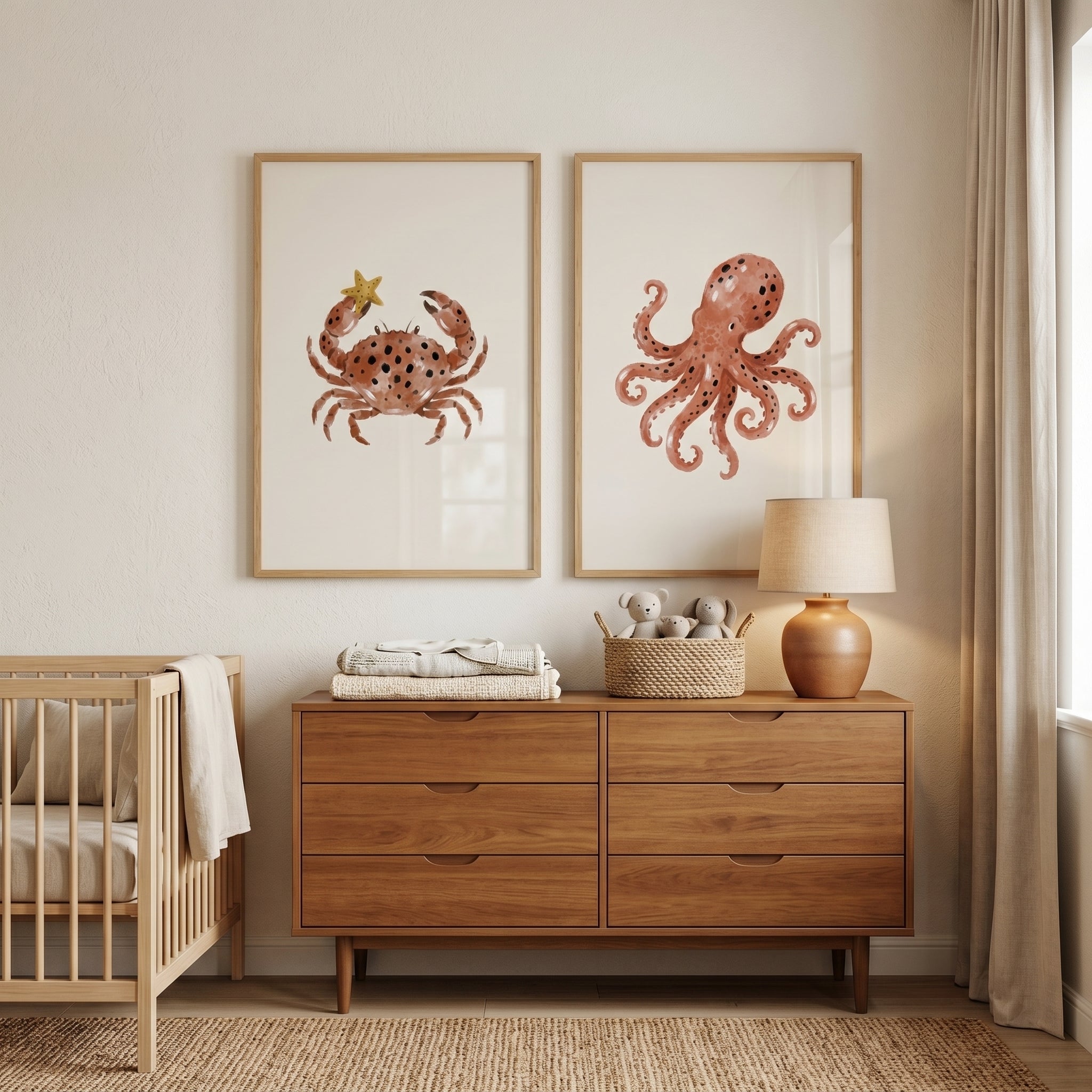 Rust Watercolor Sea Animals Wall Art Set of 2 - Ocean Creature Duo