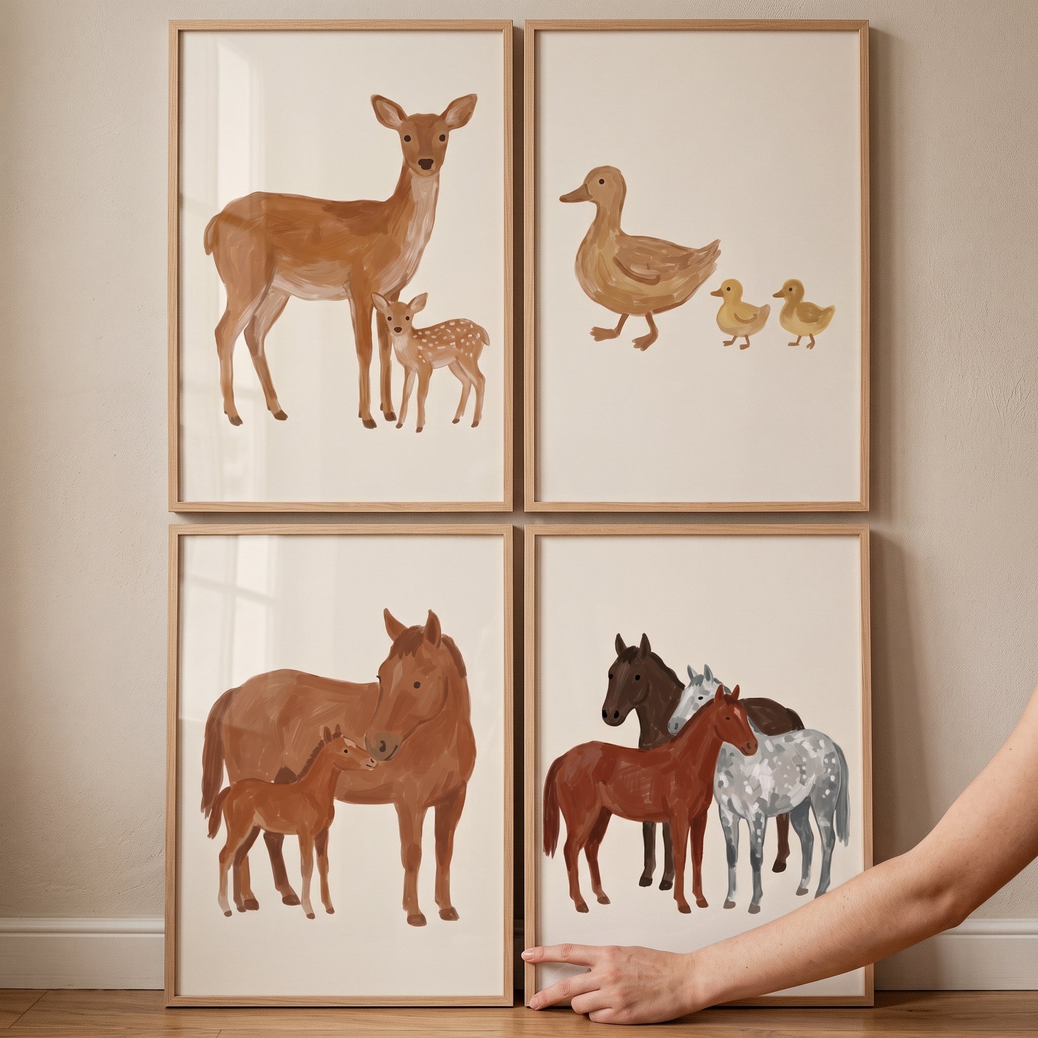 Rustic Beige Animal Family Wall Art Set of 4 - Sweet Meadow Friends