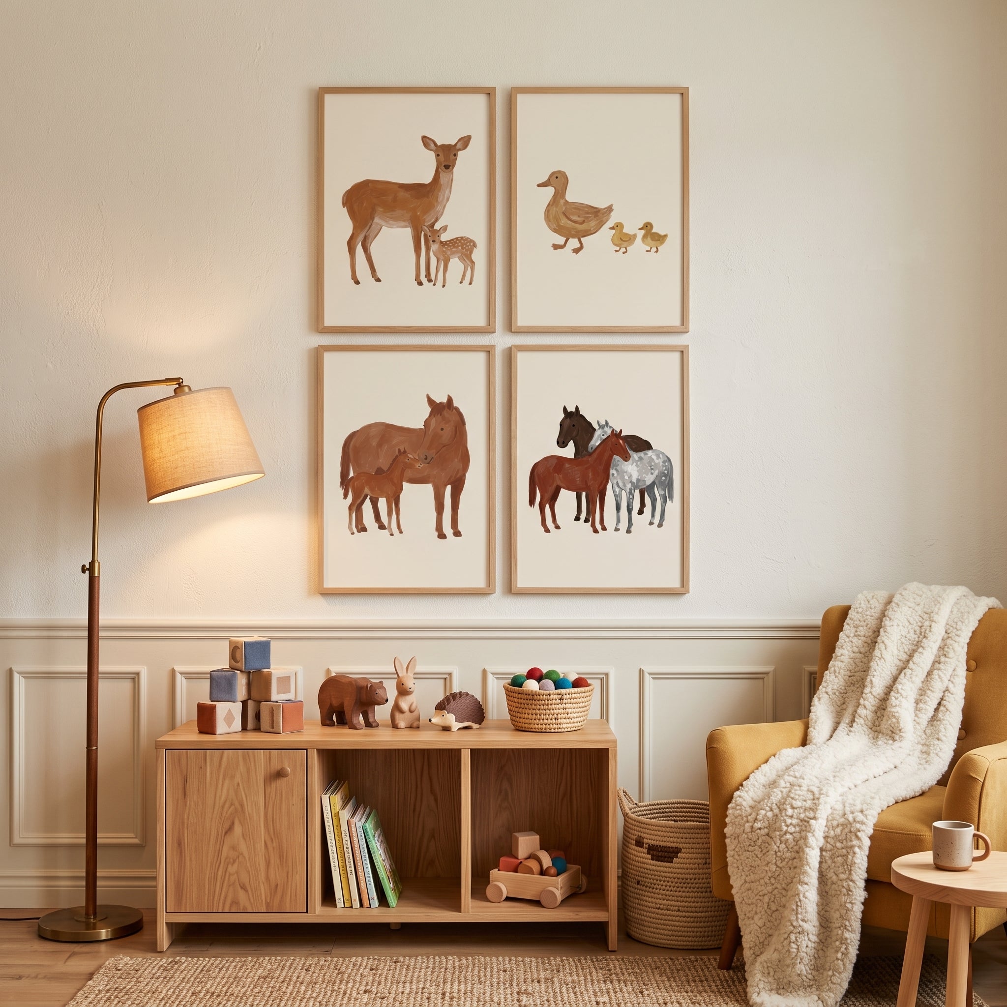 Rustic Beige Animal Family Wall Art Set of 4 - Sweet Meadow Friends