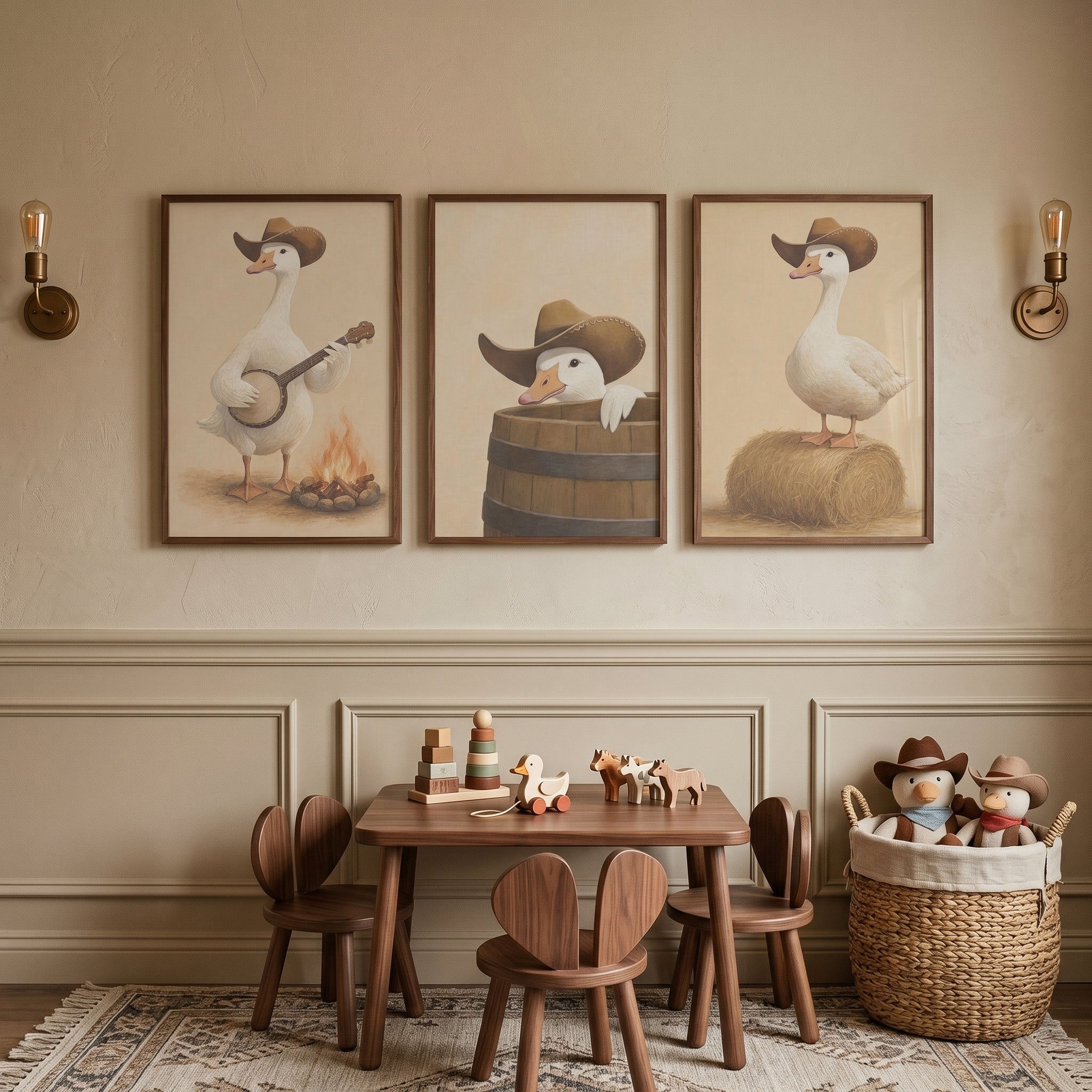 Rustic Beige Western Goose Wall Art Set of 3 - Country Cowboy Goose