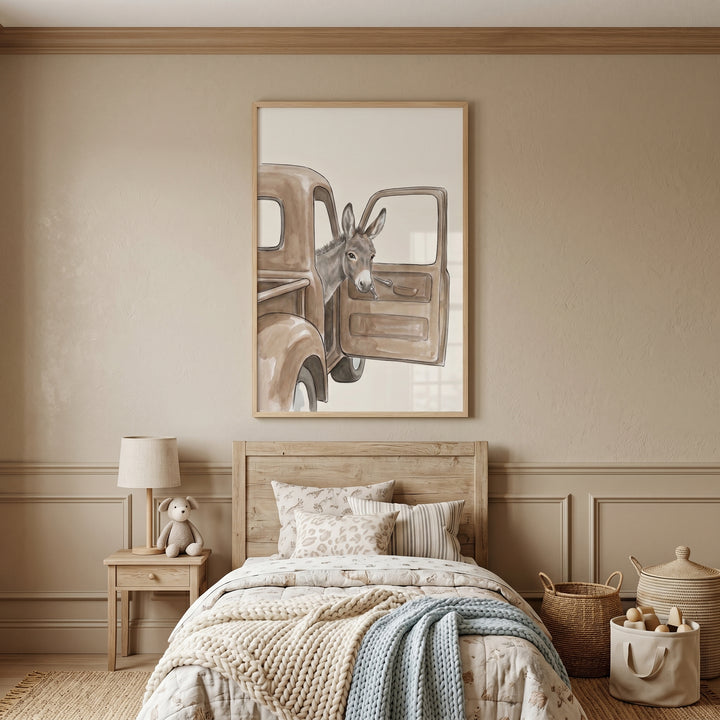 Rustic brown truck donkey wall art hangs above a wooden bed in a neutral bedroom with cozy blankets and woven baskets.