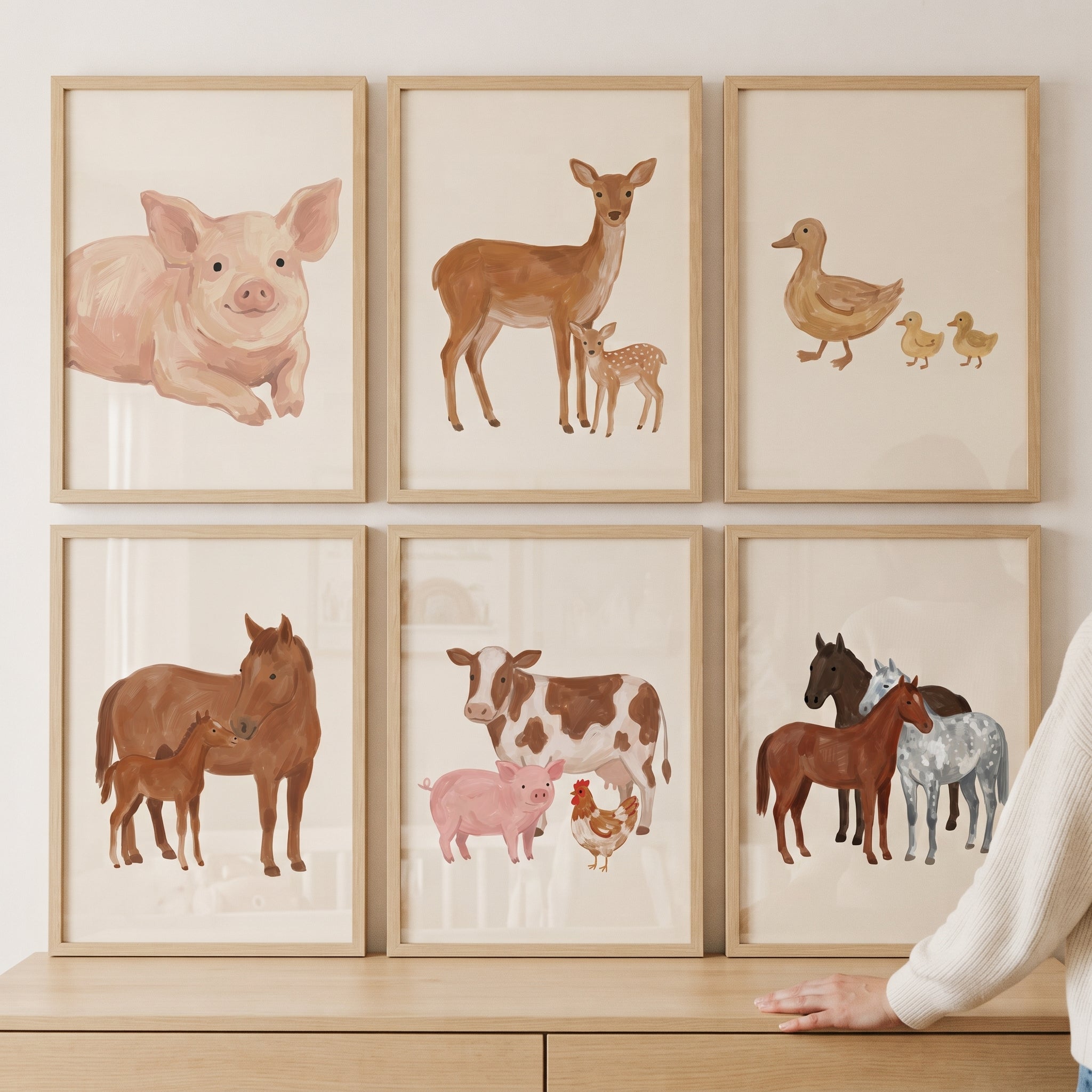 Rustic Brushstroke Farm Animals Print Set of 6 - Rustic Meadow Animals