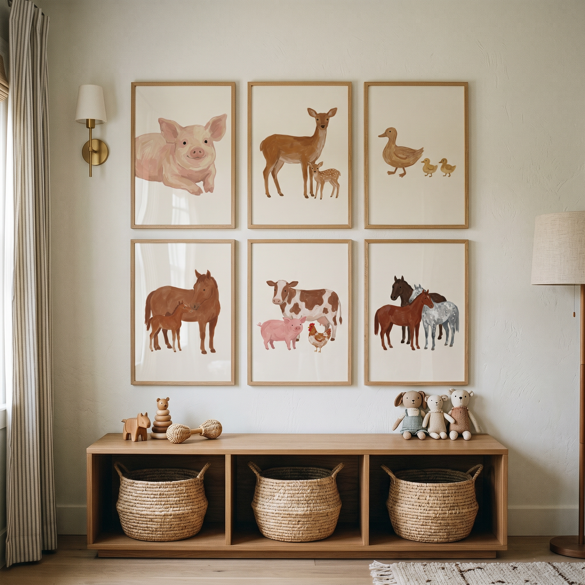 Rustic Brushstroke Farm Animals Print Set of 6 - Rustic Meadow Animals