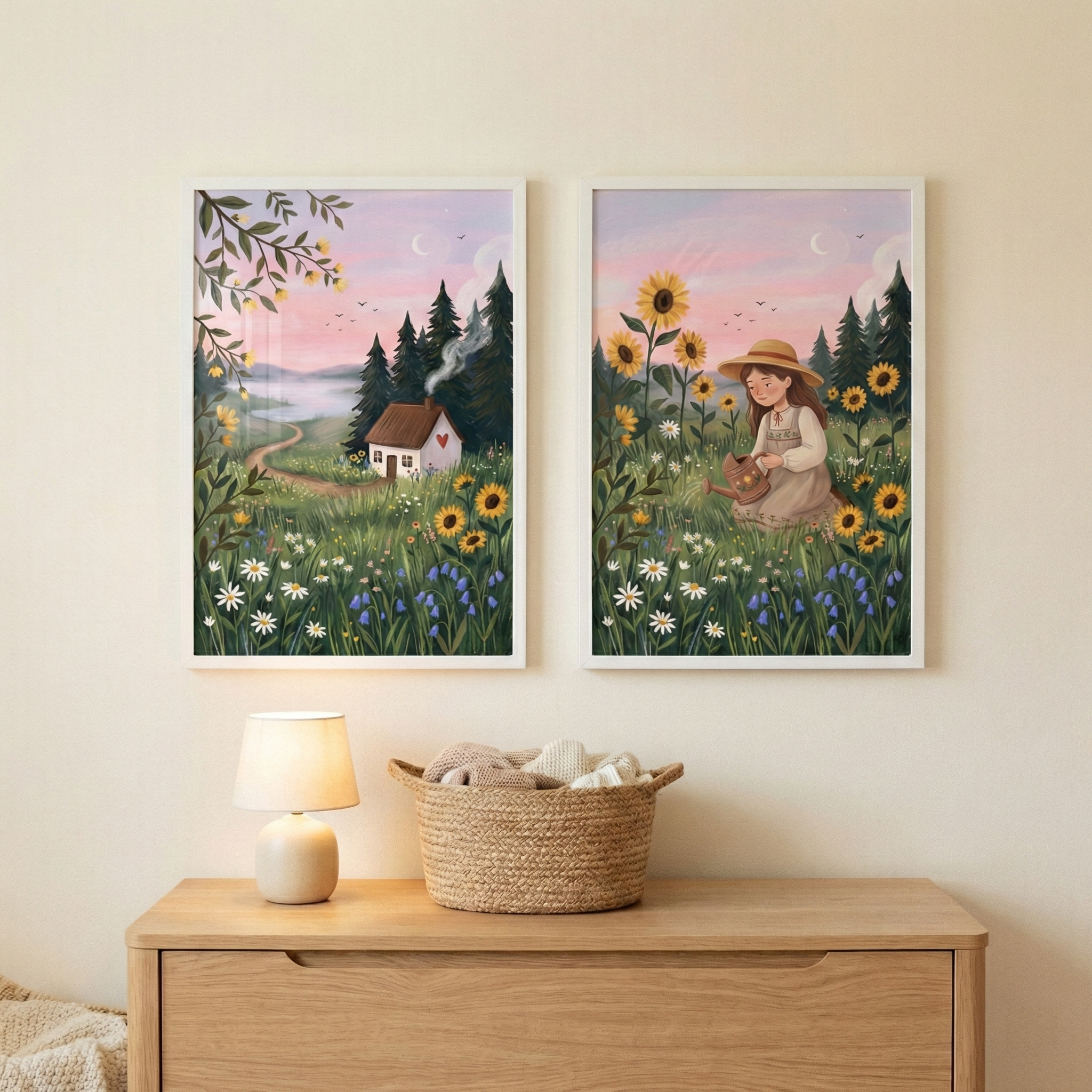 Rustic Cottage Nursery Wall Art For Girls Room Set of 2 - Sunset Garden Girl