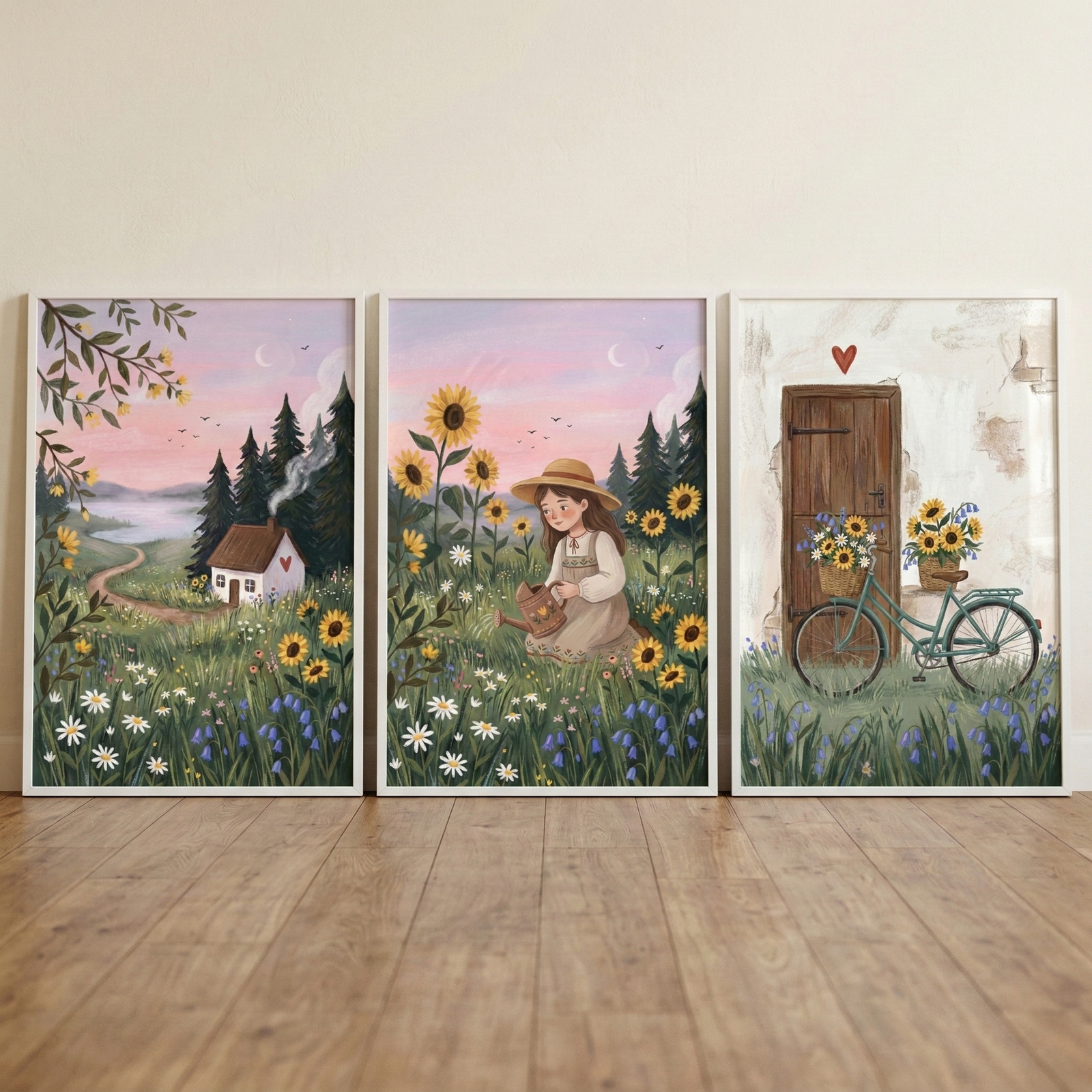 Three framed illustrations hang side-by-side on a light-colored wall, featuring a cohesive storybook style. The left frame shows a small white cottage with a red heart on its wall, set in a field of sunflowers and daisies under a soft sunset sky. The middle frame depicts a young girl in a straw hat kneeling in the same flower-filled meadow, holding a watering can. The right frame features a vintage-style green bicycle with floral baskets parked in front of a rustic wooden door.