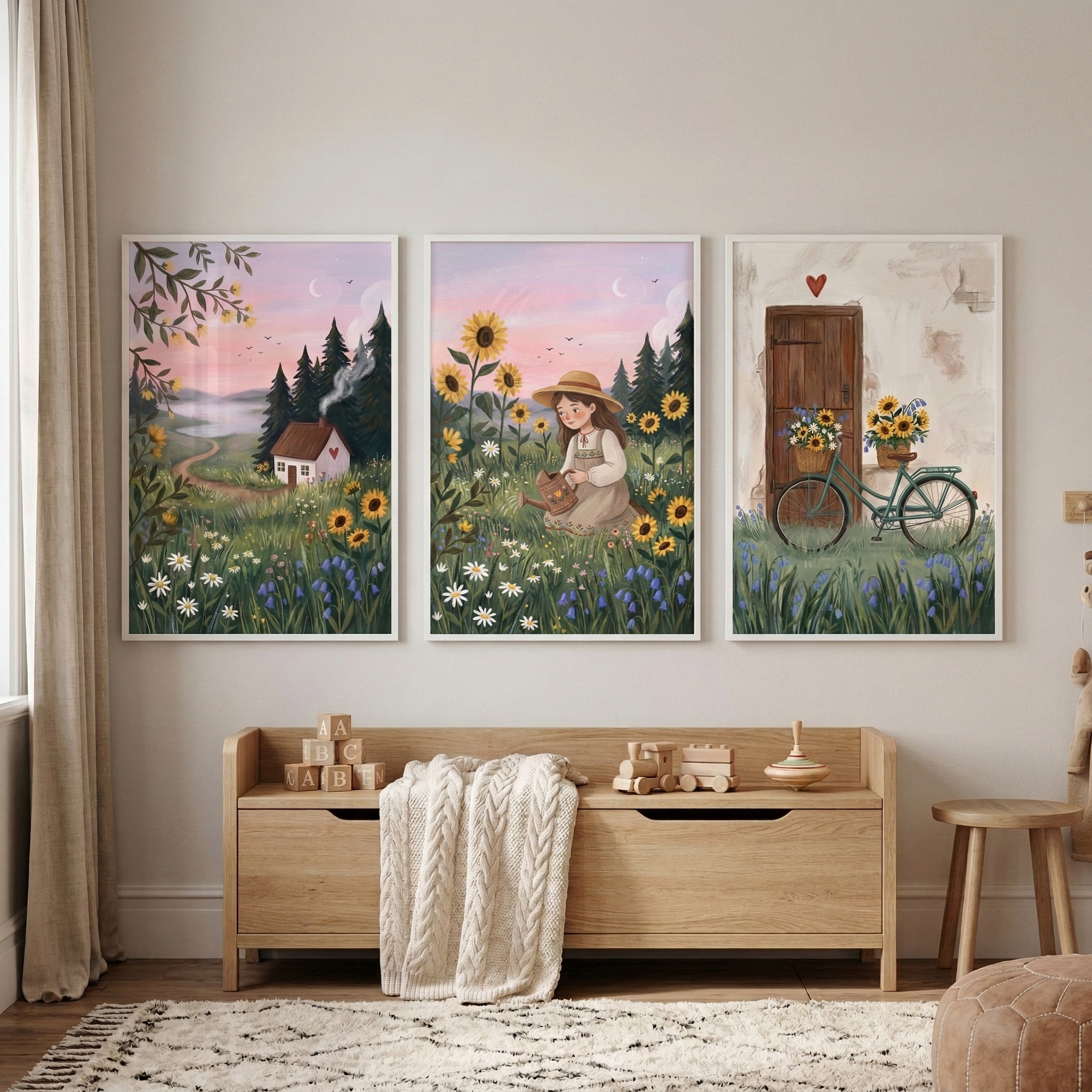 Rustic Cottage Print For Girls Room Set of 3 - Golden Sunflower Meadow