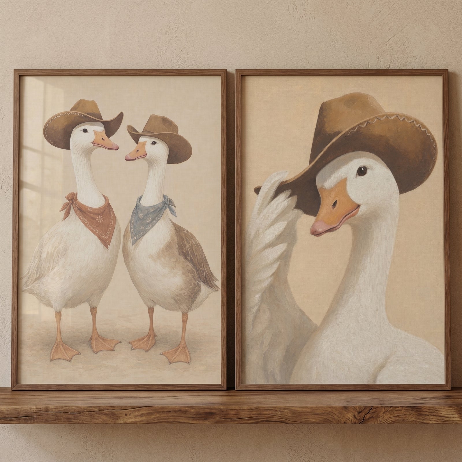 Rustic country cowboy goose wall art set of 2 with white geese wearing brown hats and bandanas on a wooden shelf.