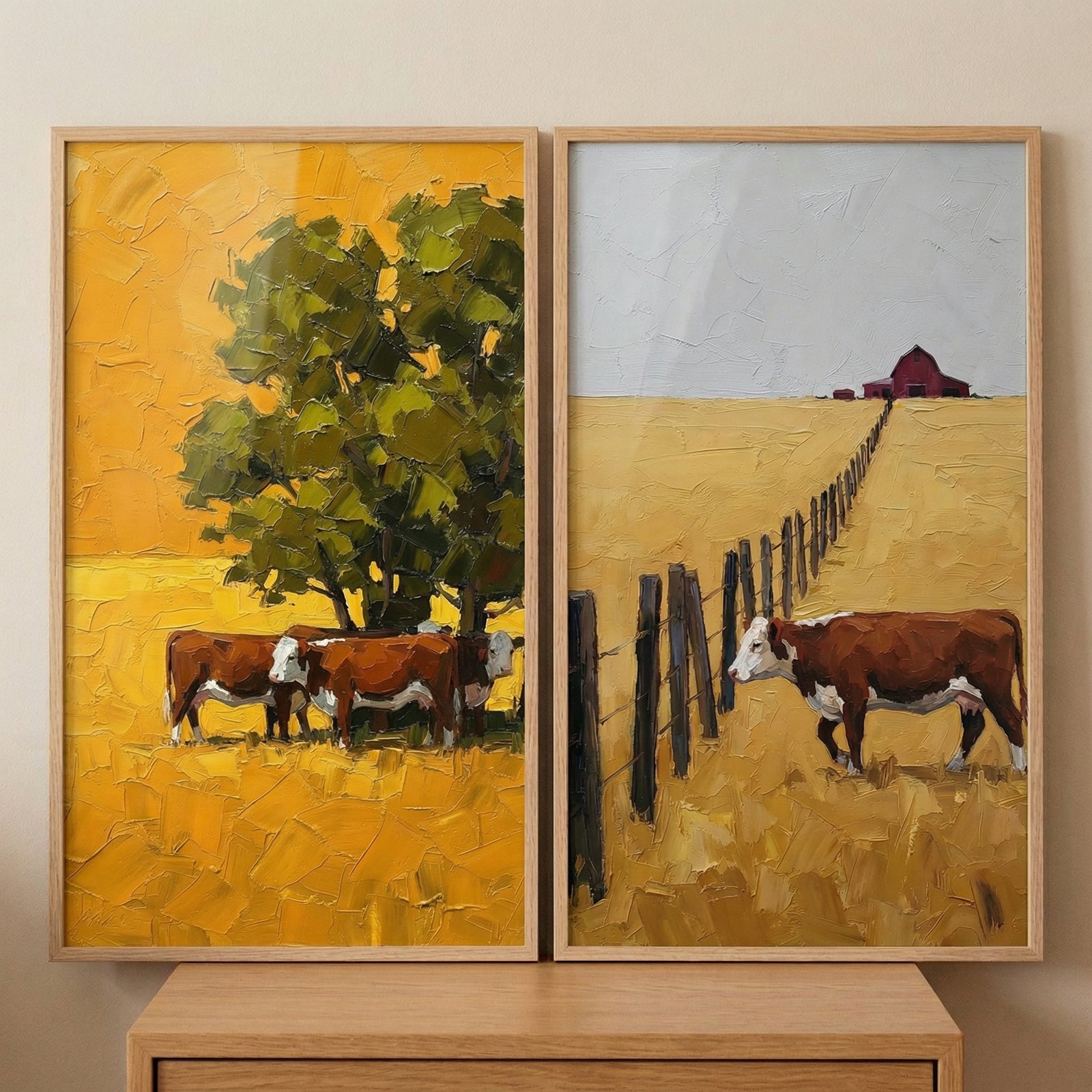 Two vertical, rectangular artworks are displayed side-by-side in simple, light-toned wooden frames. Both pieces feature a heavily textured, impasto style with thick, visible strokes that create a sense of depth and tactile surface.