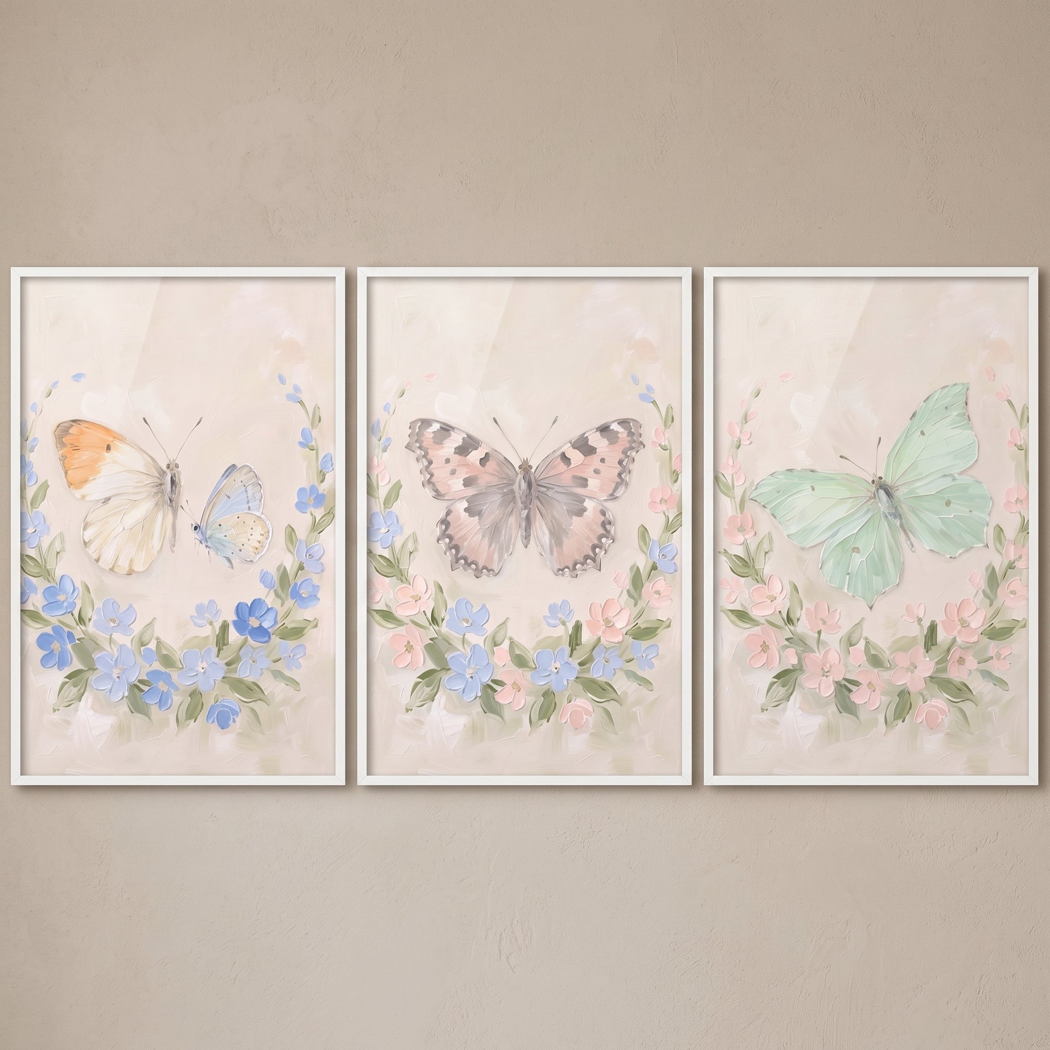 Rustic Country Floral Butterfly Wall Art Set of 3 - Soft Winged Blossoms