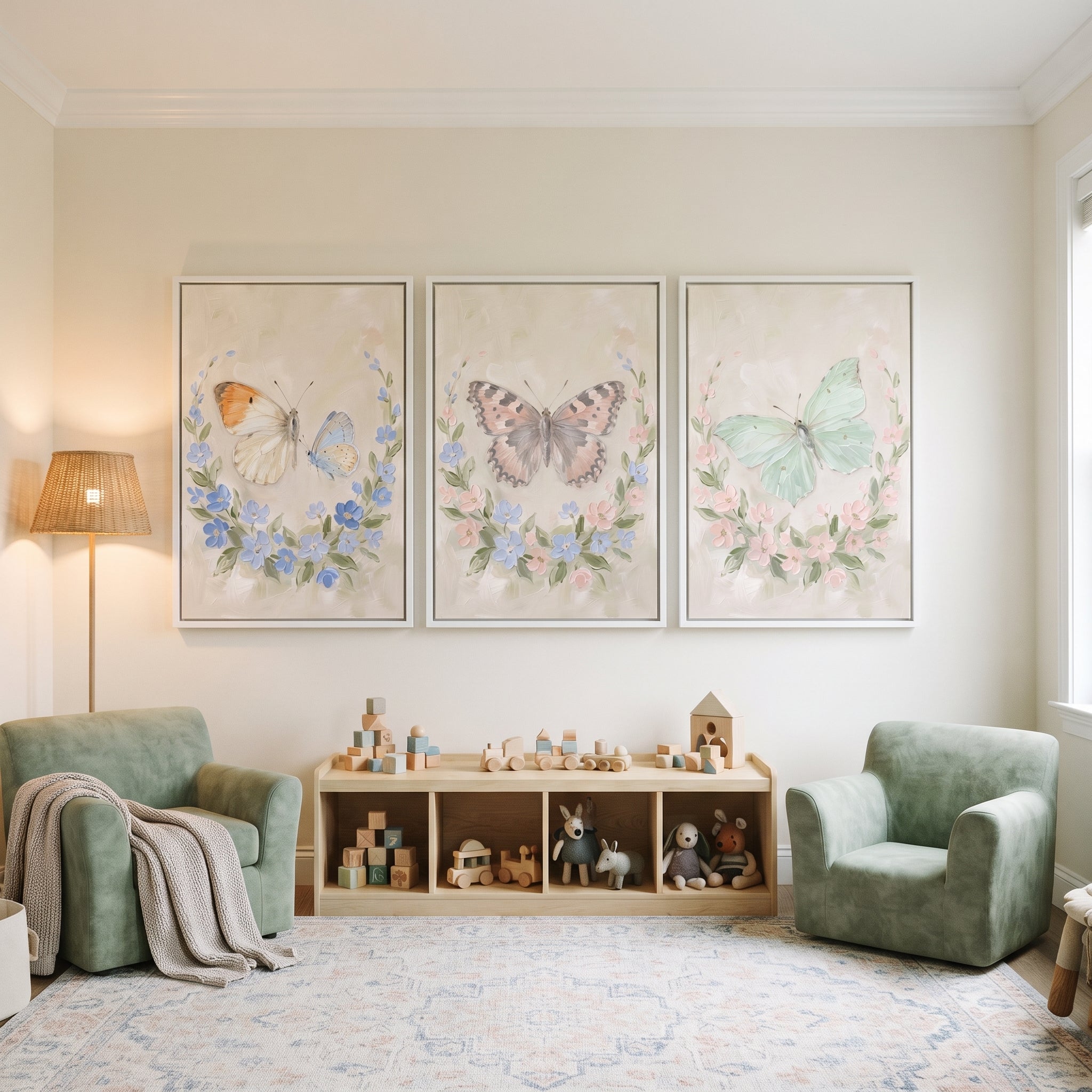 Rustic Country Floral Butterfly Wall Art Set of 3 - Soft Winged Blossoms