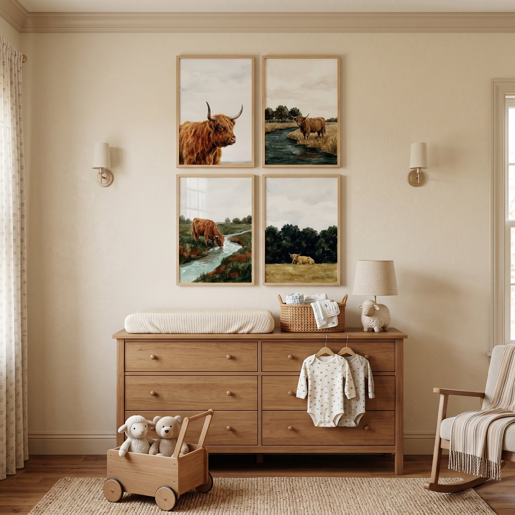 Rustic Countryside Highland Cow Wall Art Set of 4 - Highland Bovine Collection