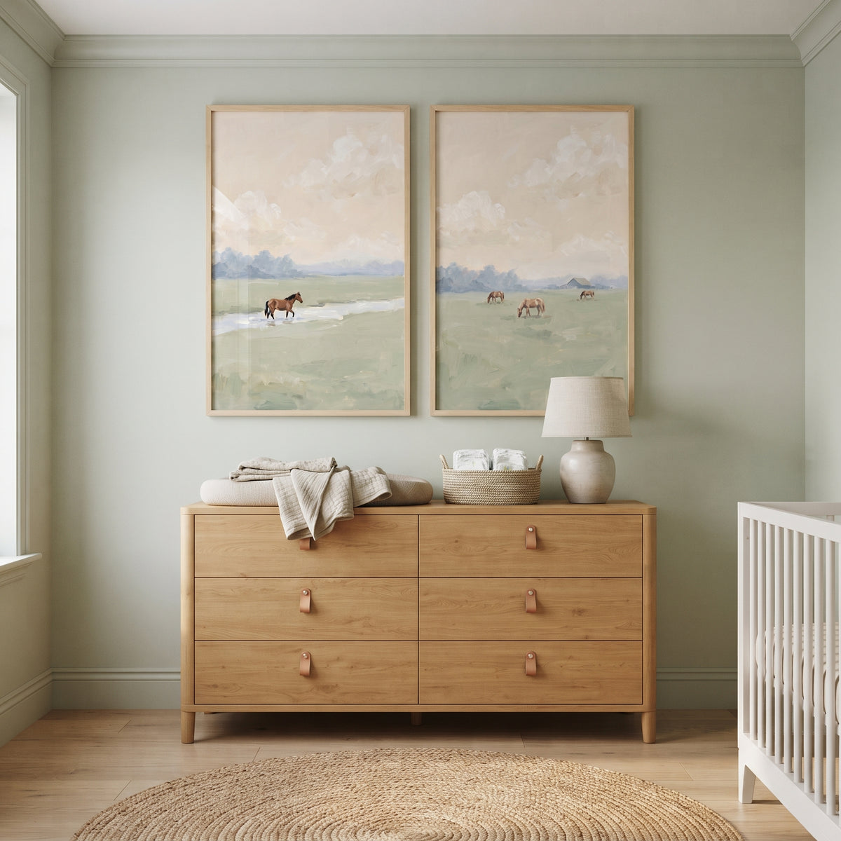 Rustic Countryside Meadow Horse Wall Art Set Of 2 - Gentle Grazing Vista