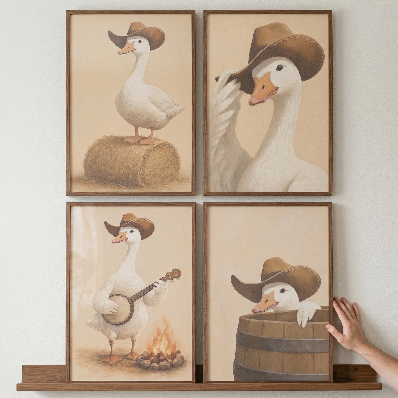 Rustic farm cowboy goose wall art set of 4 featuring geese in hats with a banjo, campfire, hay bale, and barrel.