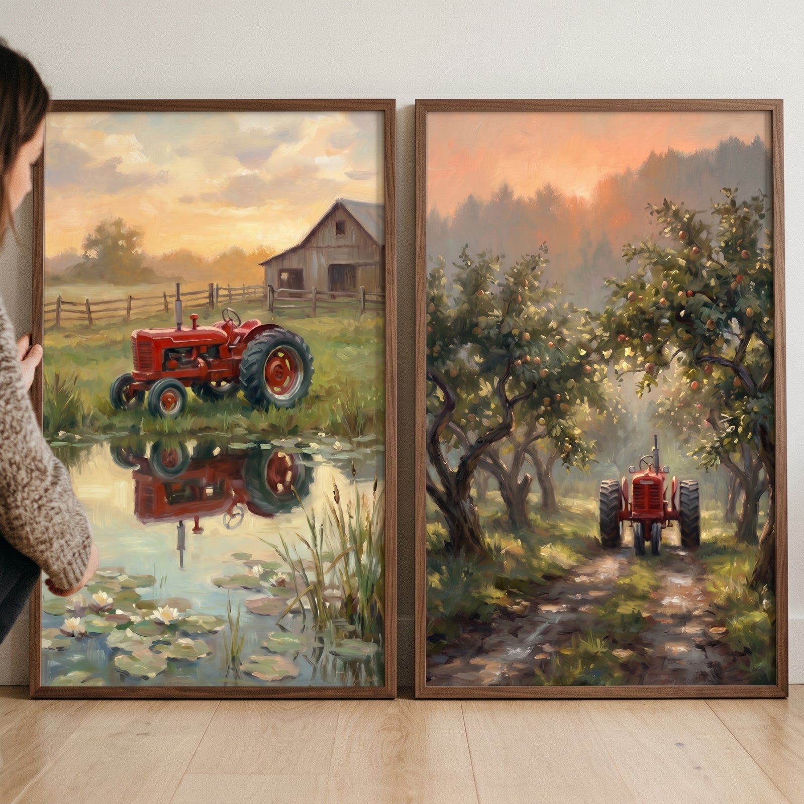 Rustic farm landscape tractor wall art set of 2 featuring red tractors by a pond and driving through a sunlit orchard.