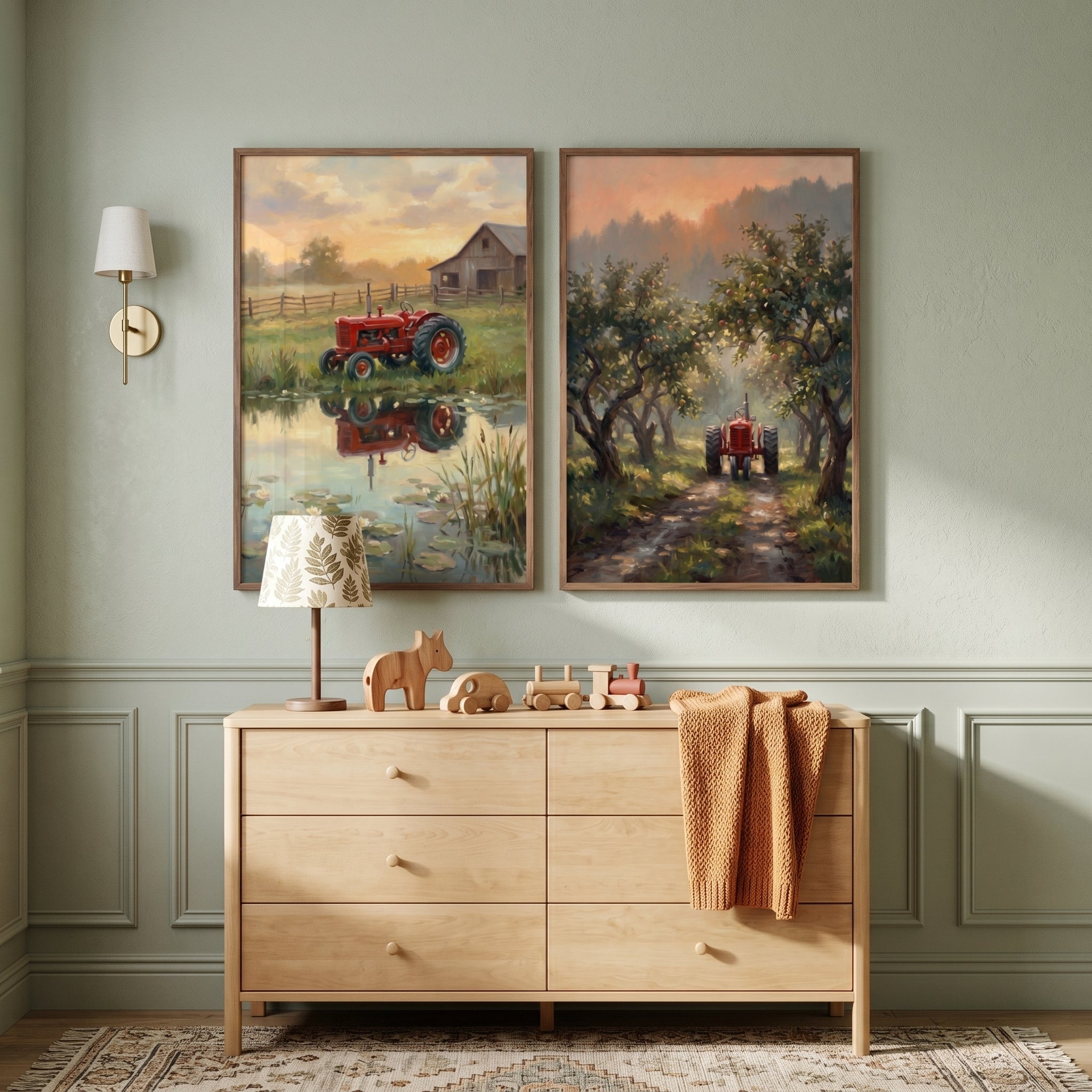 Rustic Farm Landscape Tractor Wall Art Set of 2 - Harvest Sunset Glow