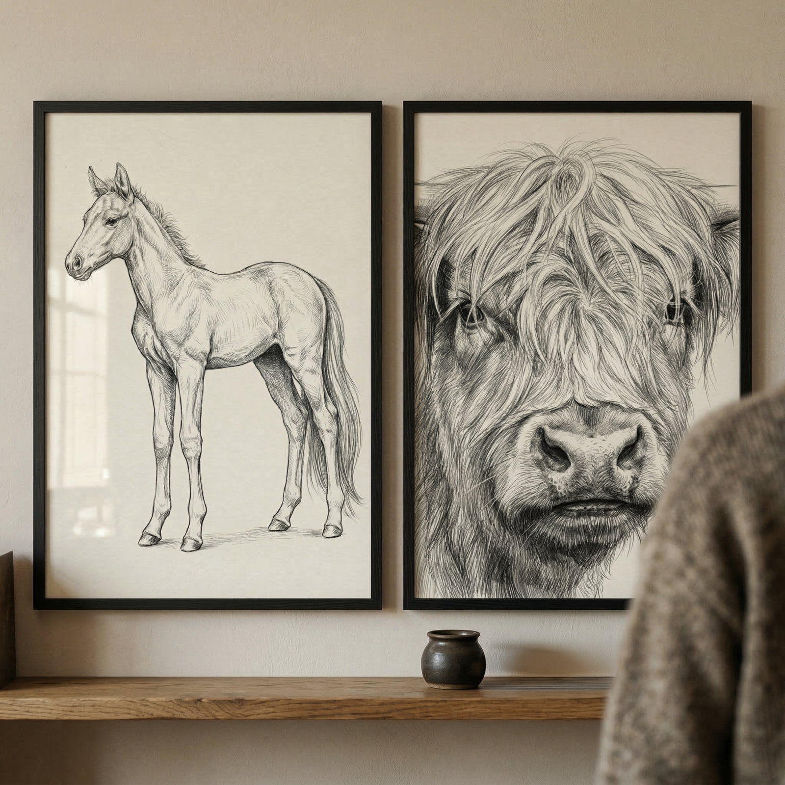 Two framed black and white sketches hang on a neutral wall above a wooden shelf. The frame on the left contains a detailed charcoal drawing of a young horse standing in profile. The frame on the right displays a close-up illustration of a long-haired cow's face, emphasizing its thick, textured fur. Both pieces are in thin black frames. Below, a small dark ceramic jar sits on a natural wooden shelf. A person in a grey textured sweater is partially visible in the foreground.