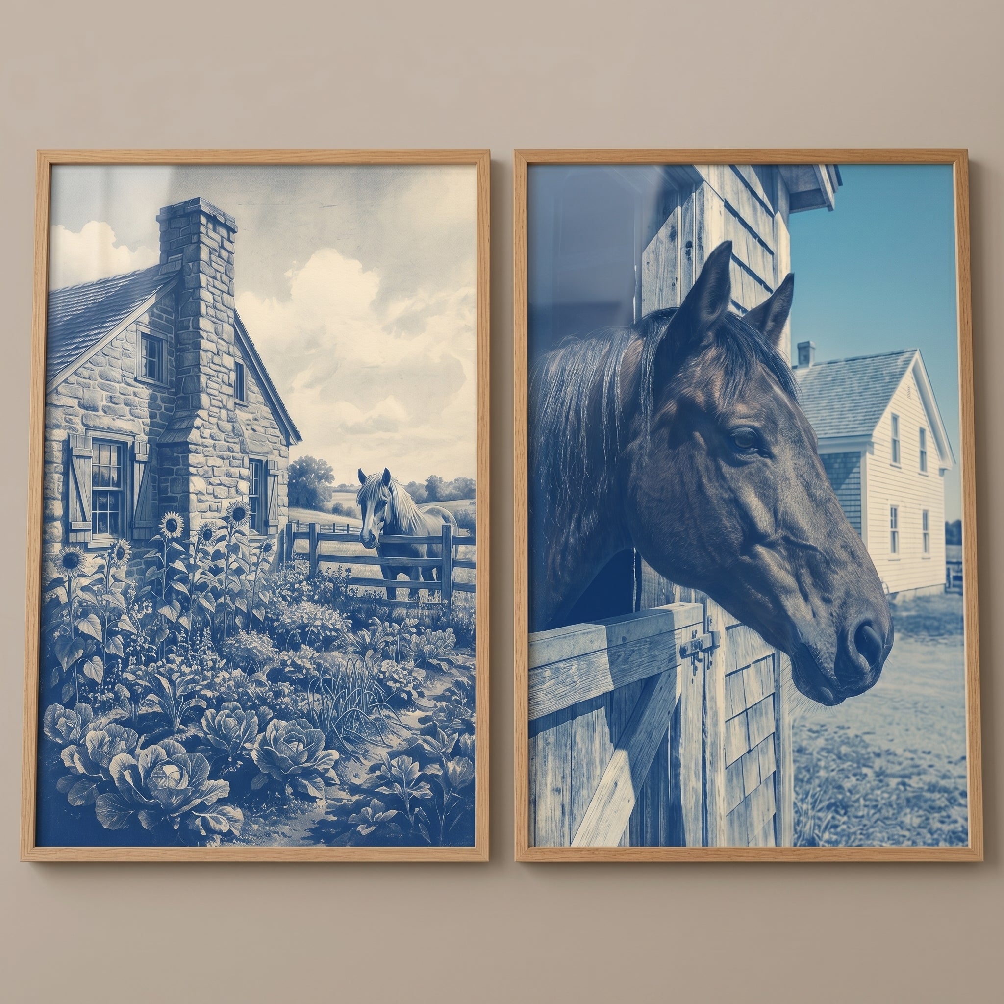 Rustic Farmhouse Blue Horse Artwork Set of 2 - Indigo Farm Life
