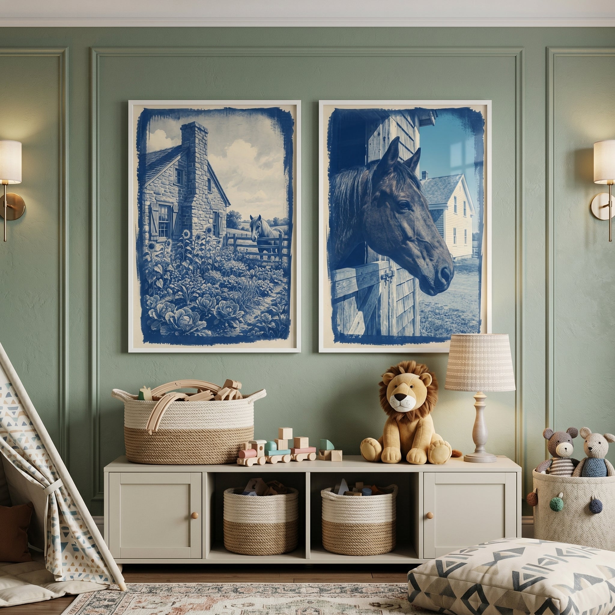 Rustic Farmhouse Blue Horse Artwork Set of 2 - Indigo Farm Life