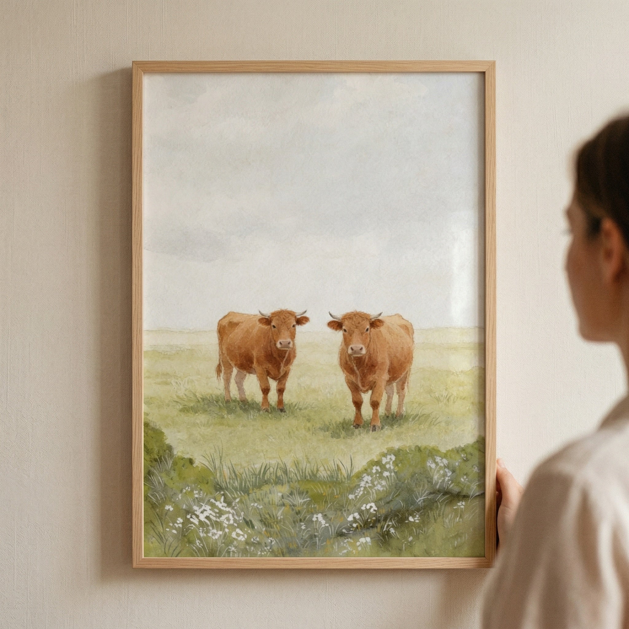 Rustic Ginger Meadow Cow Wall Art - Golden Pasture Pair