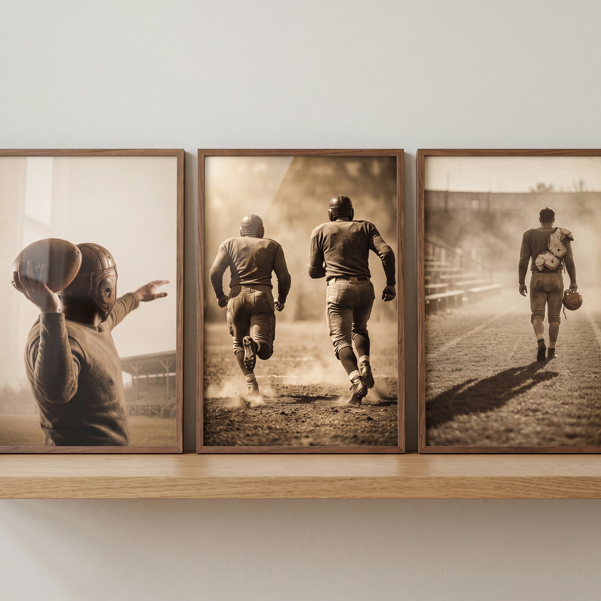 Rustic grainy football player sports wall art set of 3 featuring sepia vintage athletes throwing and running on a shelf.
