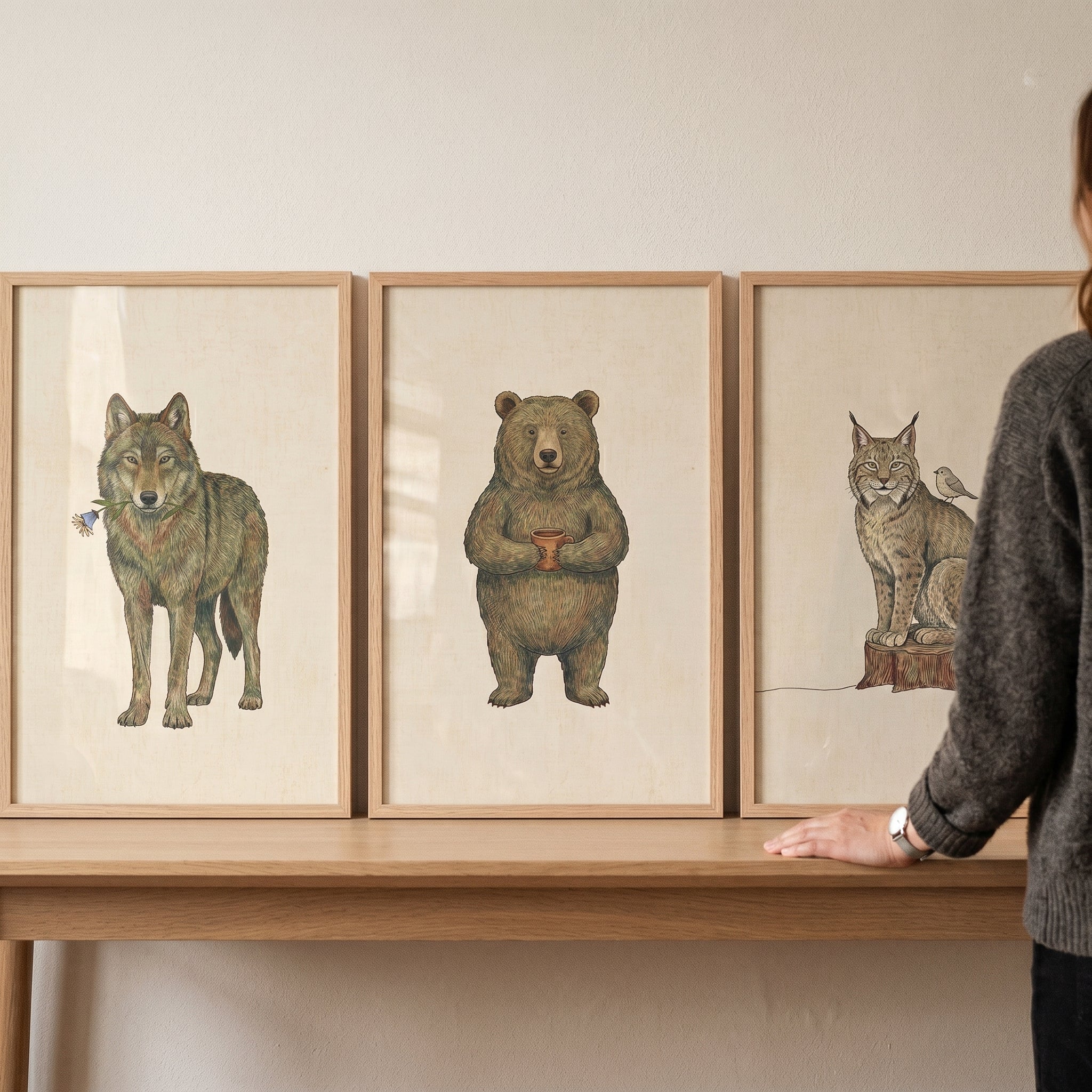 Rustic Illustrated Forest Animals Wall Art Set of 3 - Gentle Forest Friends