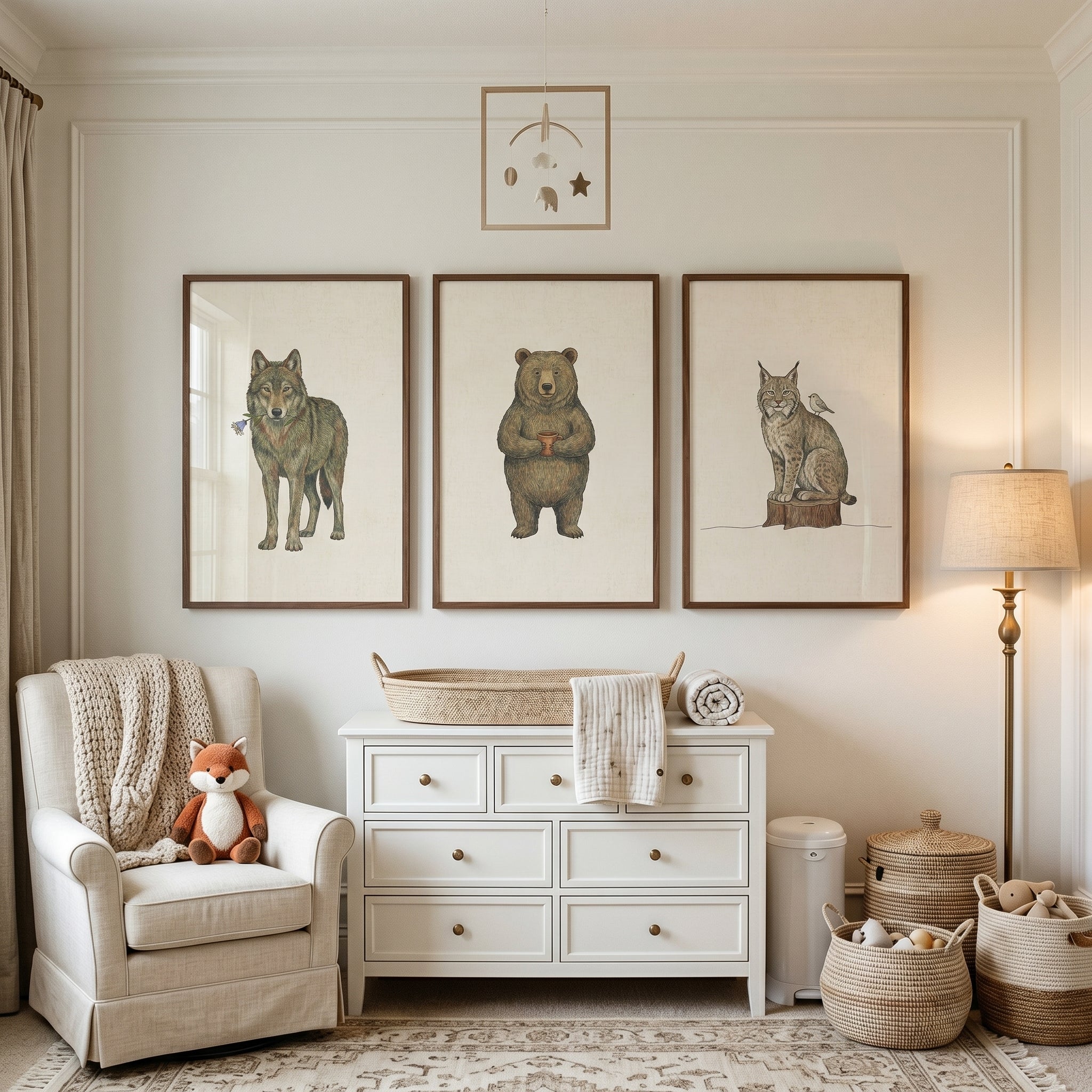 Rustic Illustrated Forest Animals Wall Art Set of 3 - Gentle Forest Friends