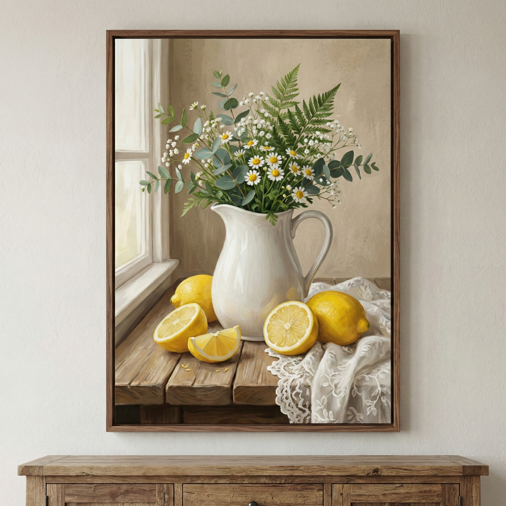 A framed still life illustration hangs on a light-colored wall above a wooden cabinet. The artwork features a white ceramic pitcher filled with a bouquet of white daisies, eucalyptus branches, and green ferns. The pitcher sits on a rustic wooden surface next to several lemons, some whole and others sliced open to reveal their bright yellow segments. A delicate white lace cloth is draped nearby. Natural light from a window on the left side of the scene creates a bright and airy atmosphere.