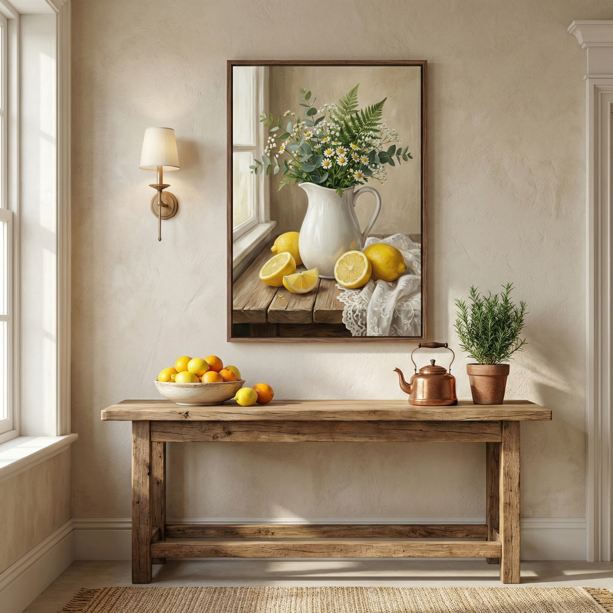 An interior scene featuring a rustic wooden console table against a neutral-toned wall. Centered above the table is a large framed vertical artwork of a still life with a white pitcher of daisies and greenery, surrounded by lemons. On the table, a bowl of citrus, a copper kettle, and a potted plant are arranged. A wall sconce with a fabric shade hangs to the left, and natural light comes from an adjacent window. A woven rug is partially visible at the bottom.