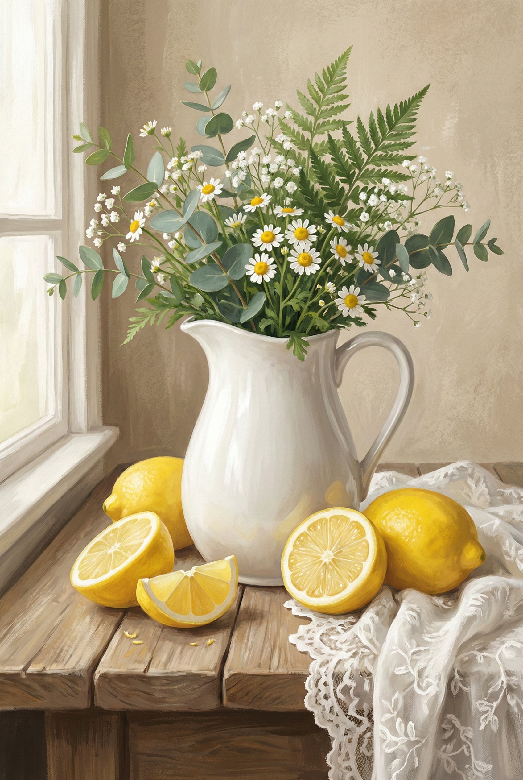 A white ceramic pitcher filled with a lush arrangement of daisies, delicate white blossoms, eucalyptus sprigs, and green ferns. It rests on a rustic wooden table beside a window. Several vibrant yellow lemons, some sliced in half or wedges, are scattered around the base. A white lace runner is draped over the table's edge. The scene is illuminated by soft, natural light, creating a serene and rustic atmosphere.