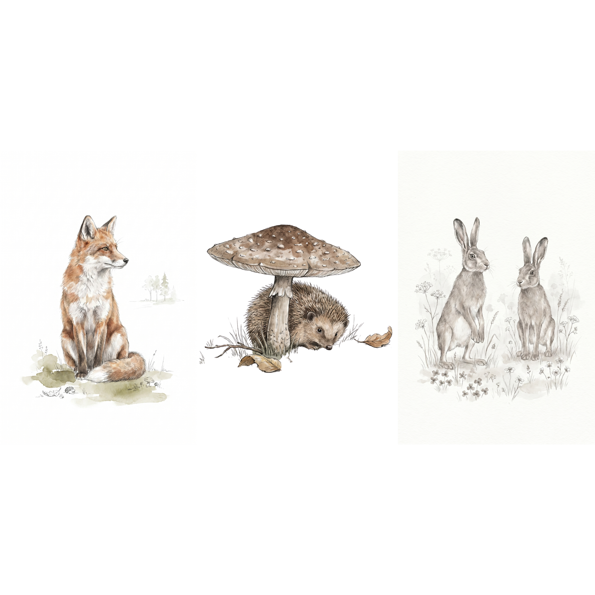 Rustic Neutral Forest Animals Wall Art Set of 3 - Woodland Animal Trio
