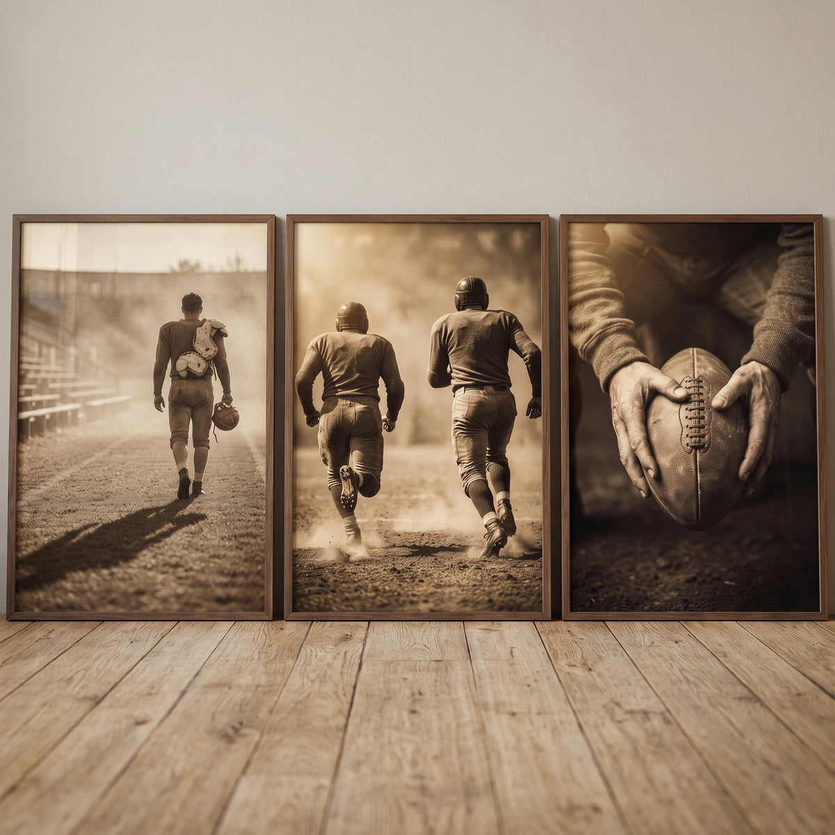 Rustic nostalgic football player sports wall art set of 3 with sepia scenes of players on a field and hands holding a ball.