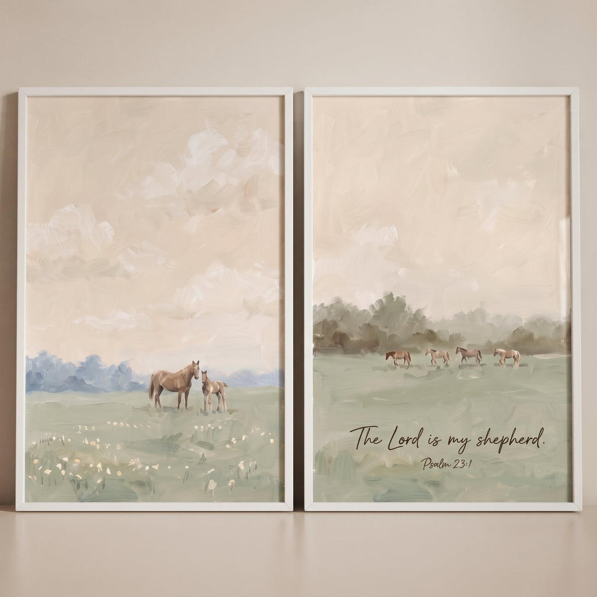 Rustic olive pasture horses wall art set of 2 featuring horses in fields with Psalm 23:1 scripture under a soft sky.