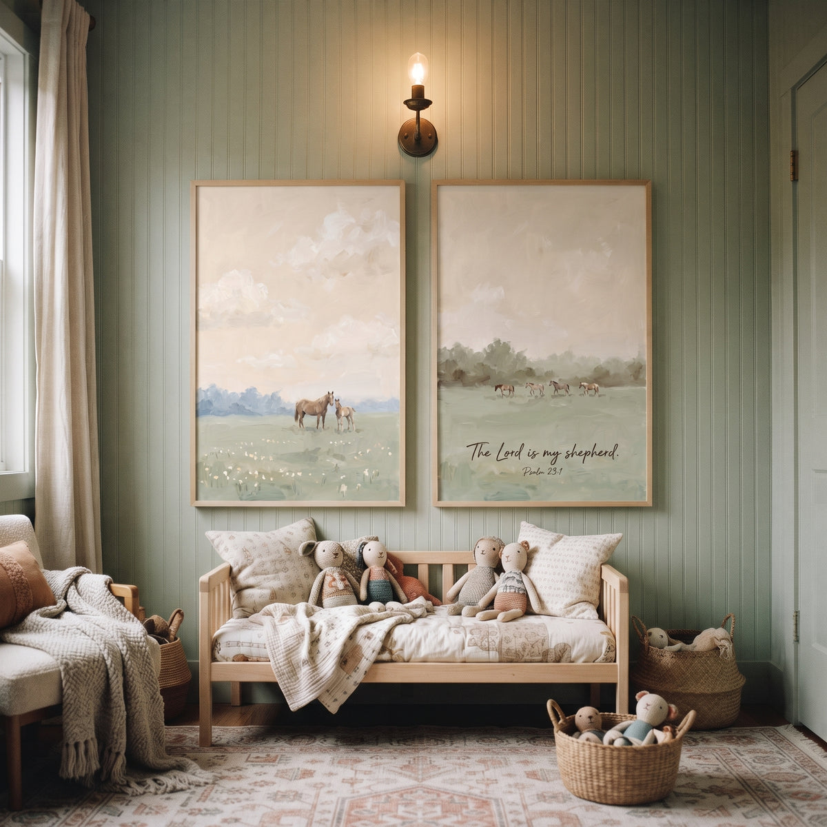 Rustic Olive Pasture Horses Wall Art Set of 2 - Shepherd's Peaceful Pasture