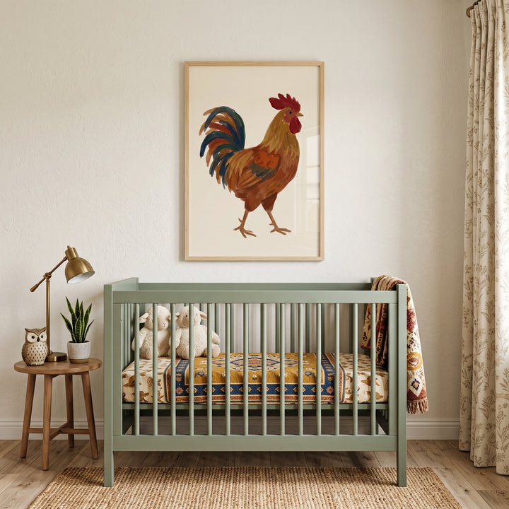Rustic orange brown rooster wall art hangs above a sage green crib with stuffed sheep in a cozy nursery.