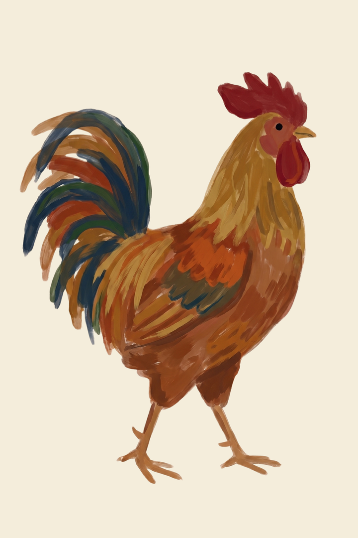 Rustic orange brown rooster wall art with a red comb and colorful tail feathers on a plain cream background.