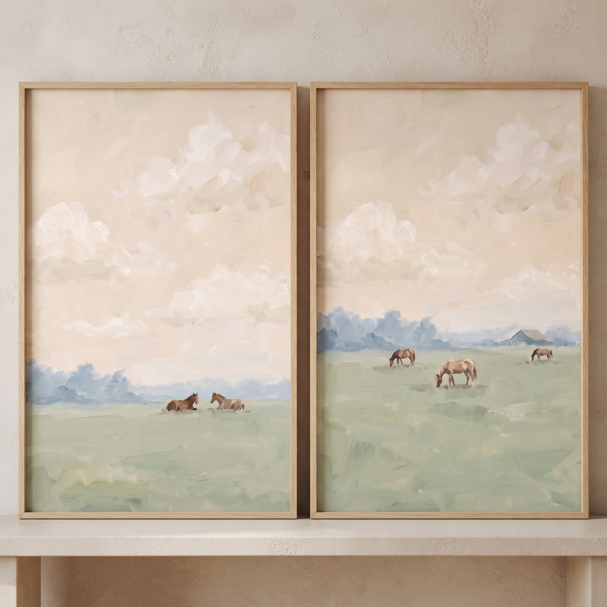 Rustic pasture meadow horse wall art set of 2 showing brown horses in green fields under soft cloudy skies.