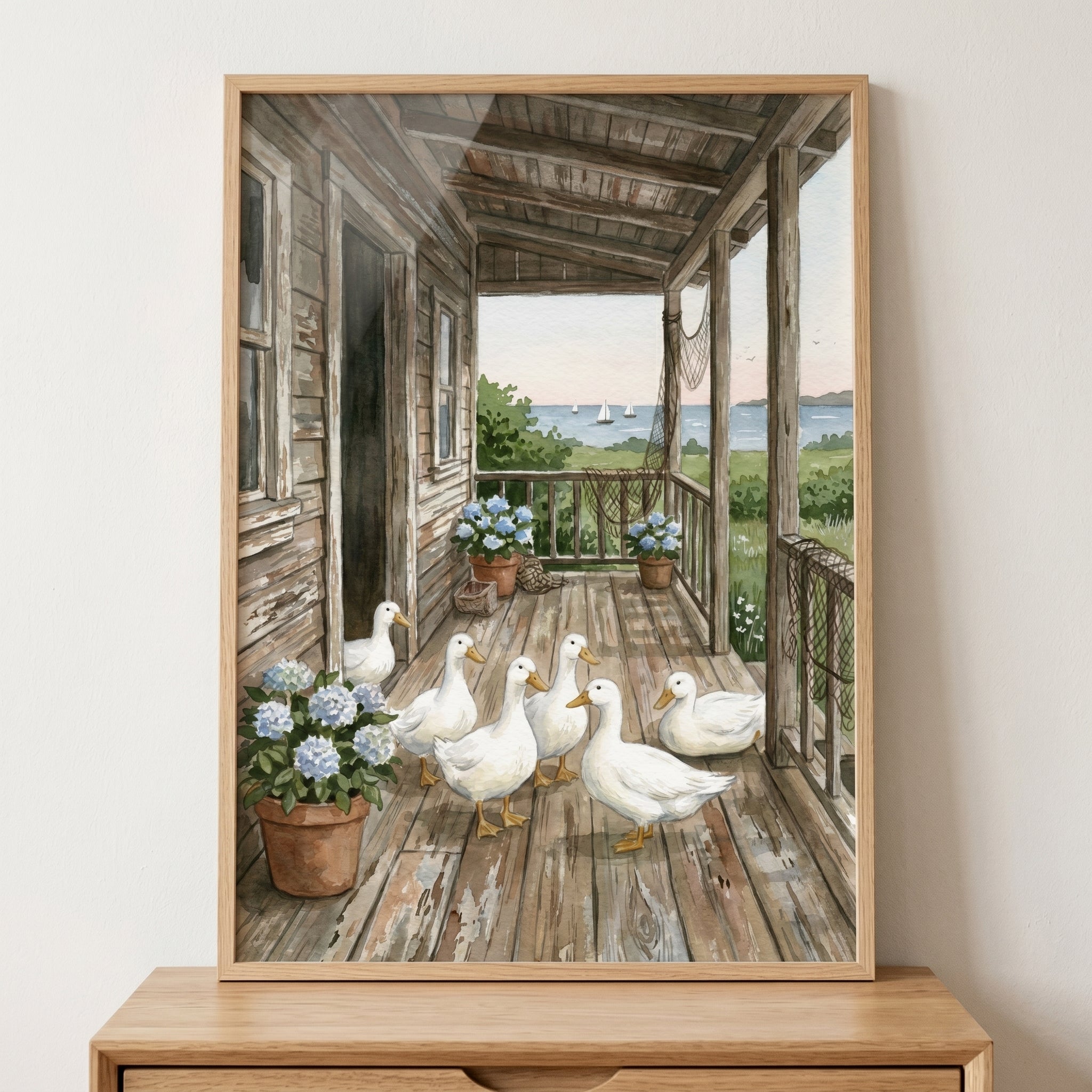 Rustic Porch White Duck Wall Art - Seaside Duck Gathering