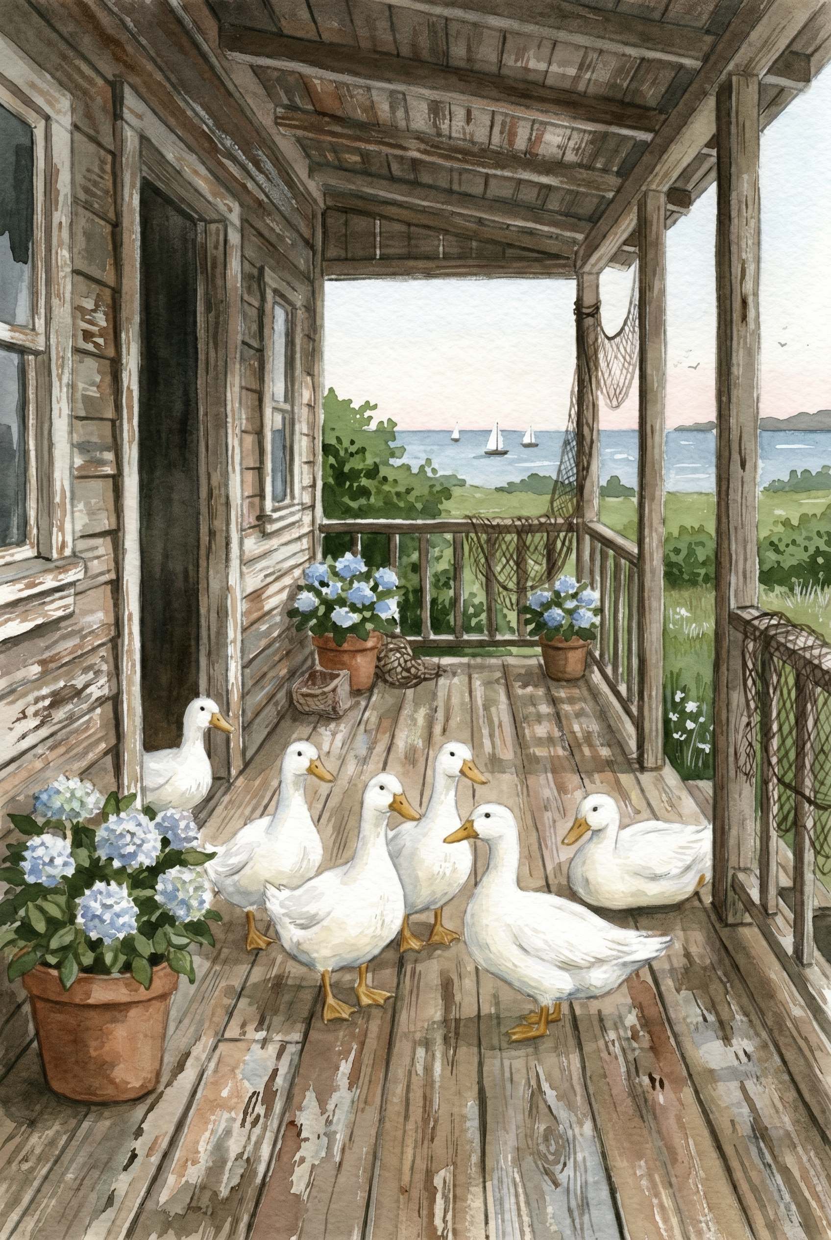 Rustic Porch White Duck Wall Art - Seaside Duck Gathering