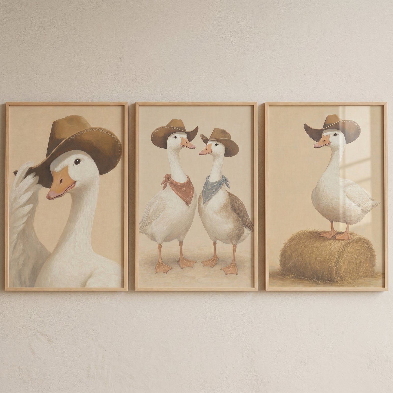 Rustic prairie cowboy goose wall art set of 3 features white geese in cowboy hats and bandanas across three frames.